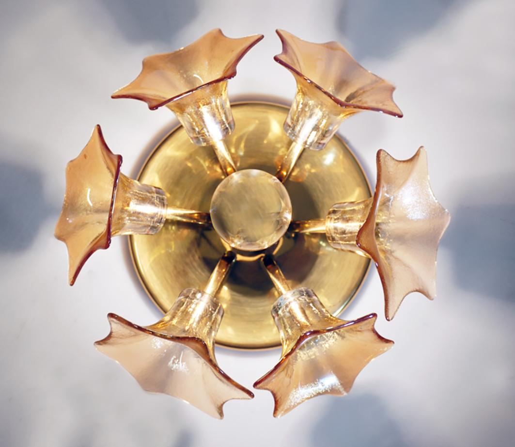 German 1960s Sische Sputnik Flower Flush Mount Iridescent Amber Murano Glass and Brass