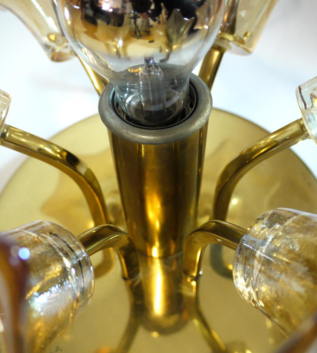 1960s Sische Sputnik Flower Flush Mount Iridescent Amber Murano Glass and Brass 1