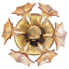 1960s Sische Sputnik Flower Flush Mount Iridescent Amber Murano Glass and Brass