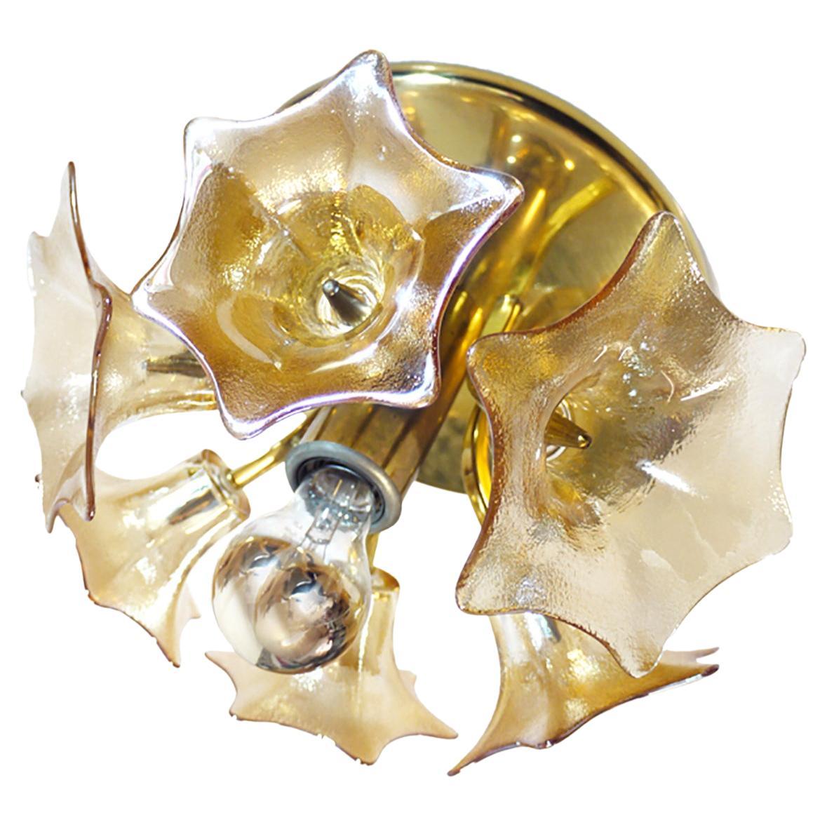 Amber Murano Sputnik Flower Flush Mount Iridescent Glass & Brass, Sische 1960