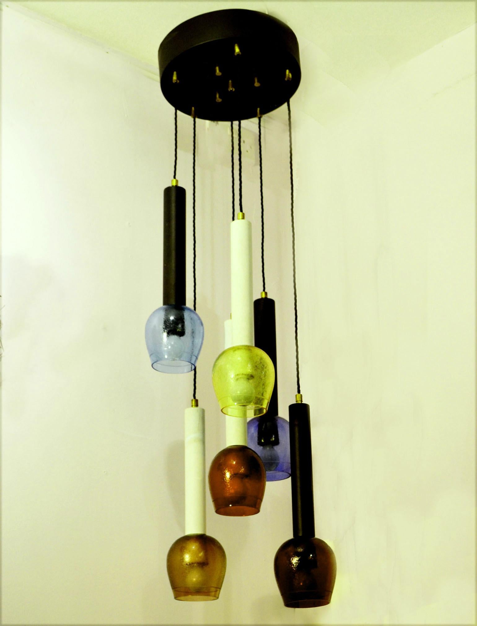 Italian Stilnovo Attributed 1960s Multicolored Hand Blown Glass Chandelier For Sale