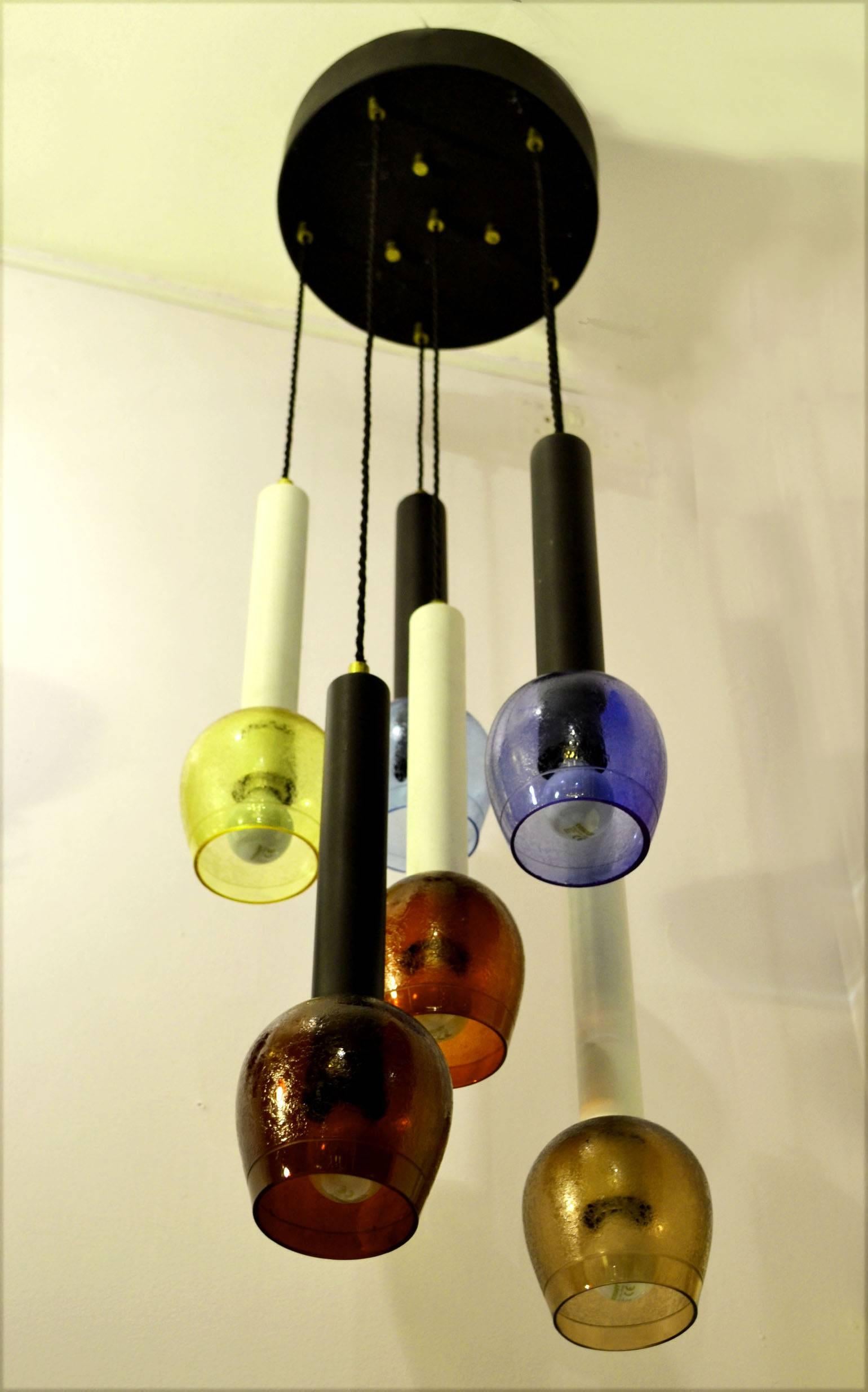 Mid-20th Century Stilnovo Attributed 1960s Multicolored Hand Blown Glass Chandelier For Sale
