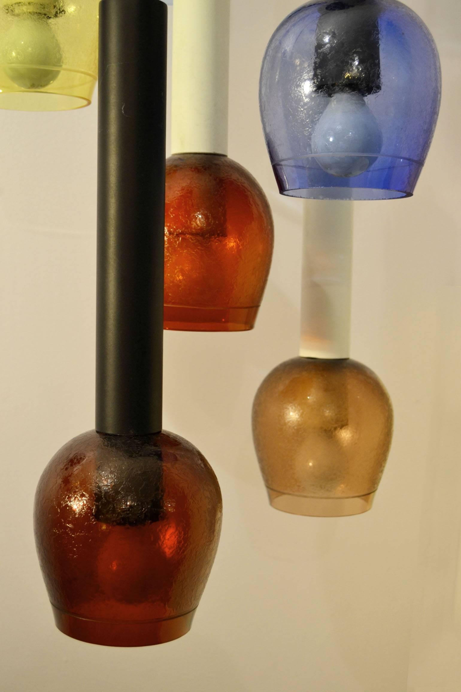 Brass Stilnovo Attributed 1960s Multicolored Hand Blown Glass Chandelier For Sale