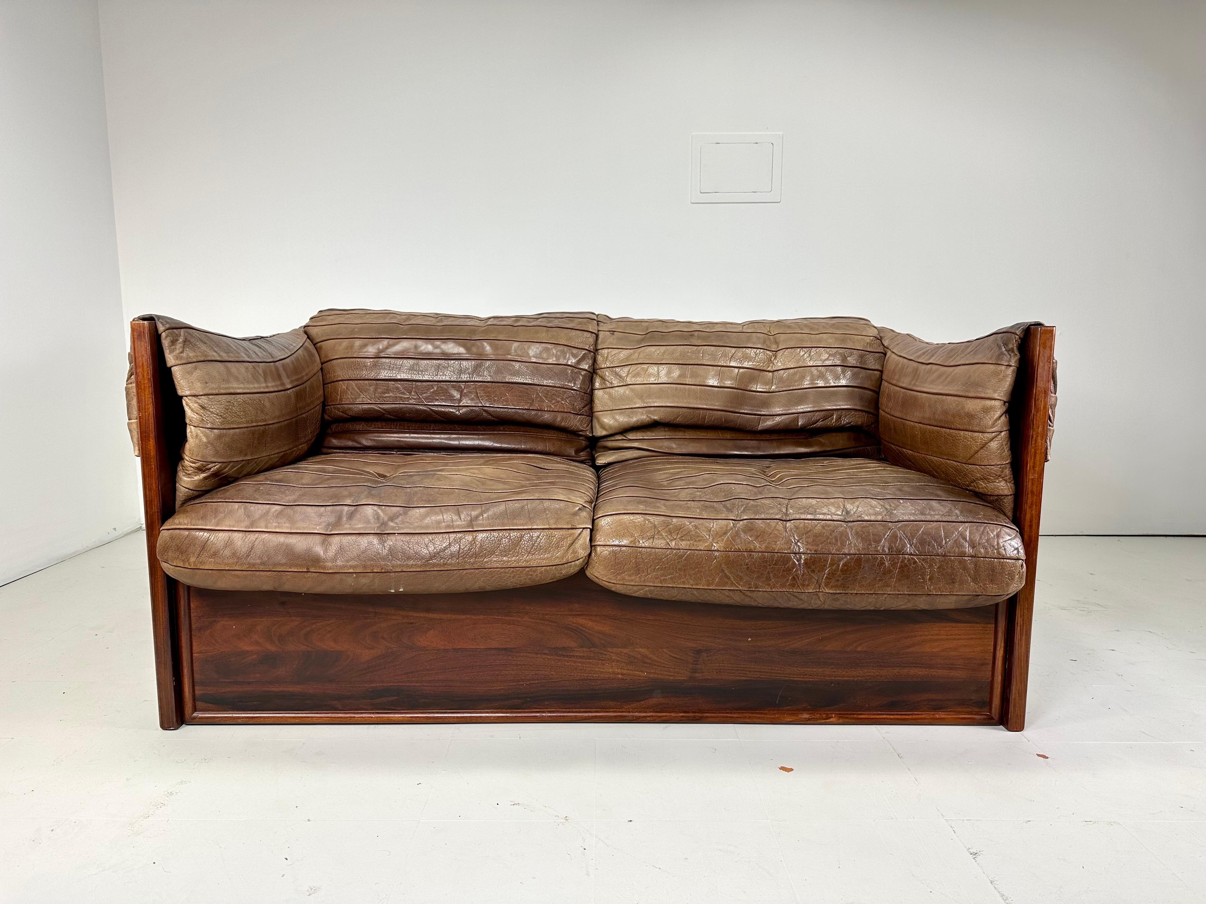 Danish 1960s Skipper Mobler Leather and Rosewood Settee For Sale