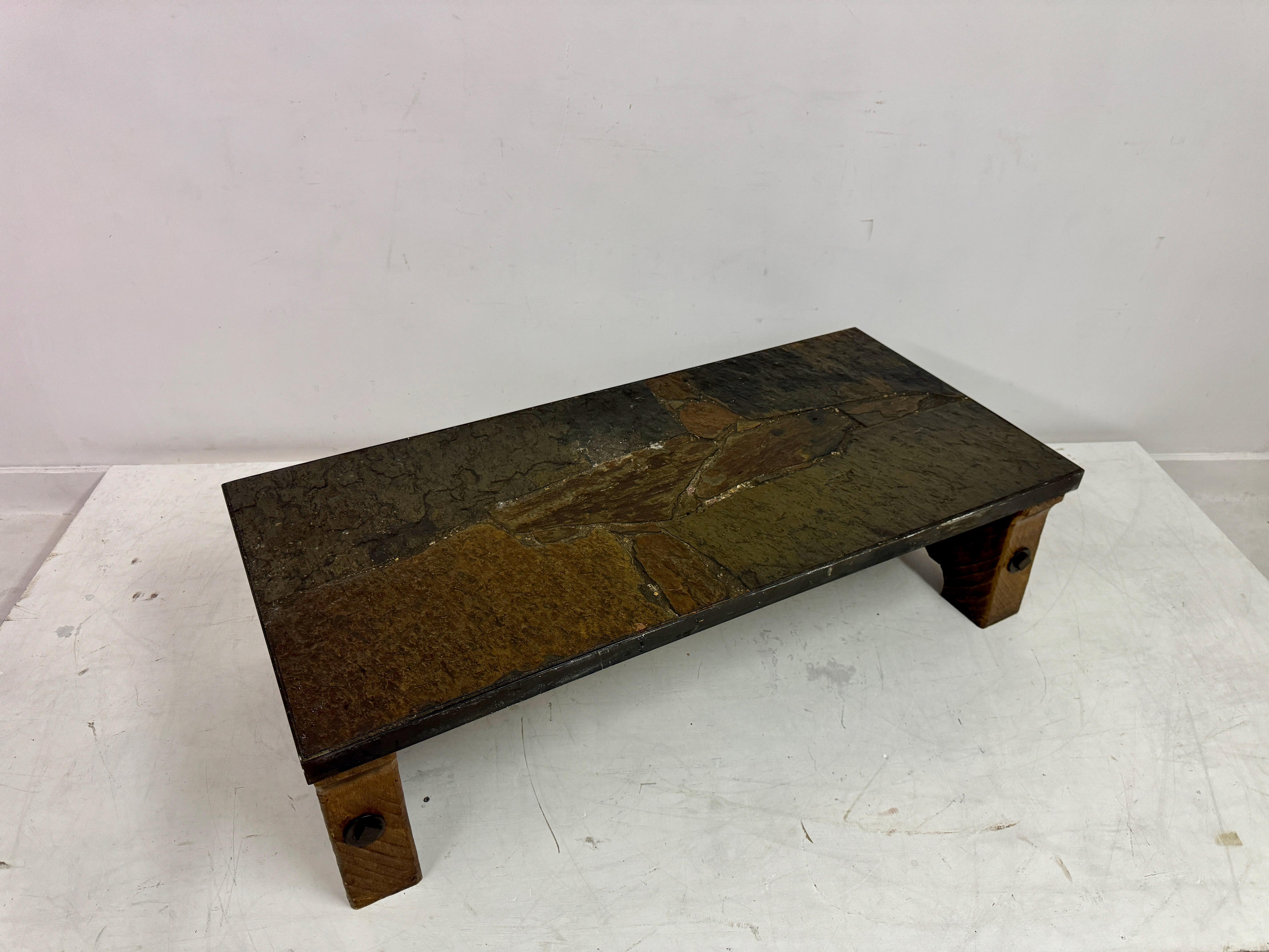 1960s Slate, Concrete and Oak Brutalist Coffee Table For Sale 5