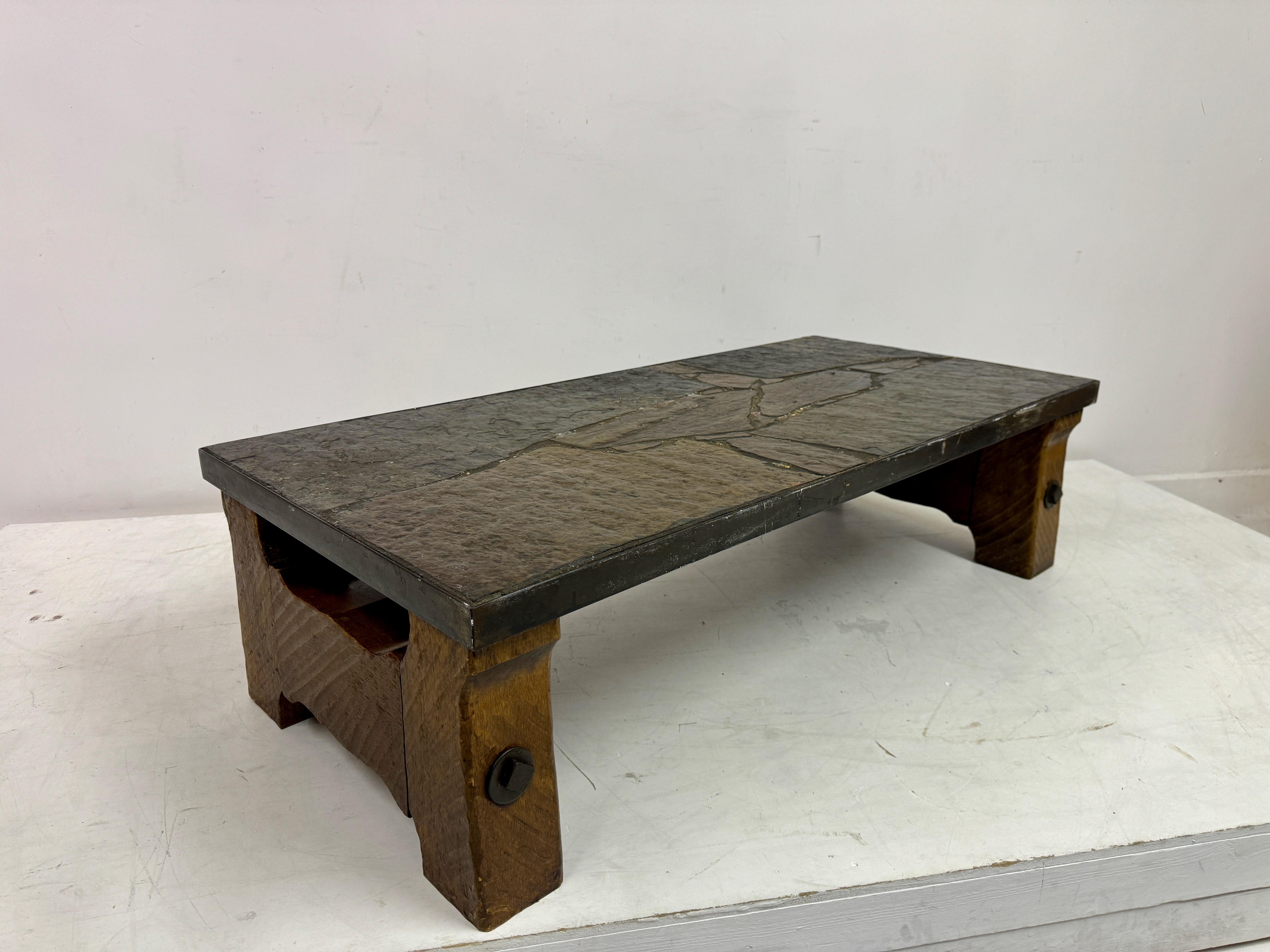 1960s Slate, Concrete and Oak Brutalist Coffee Table For Sale 6