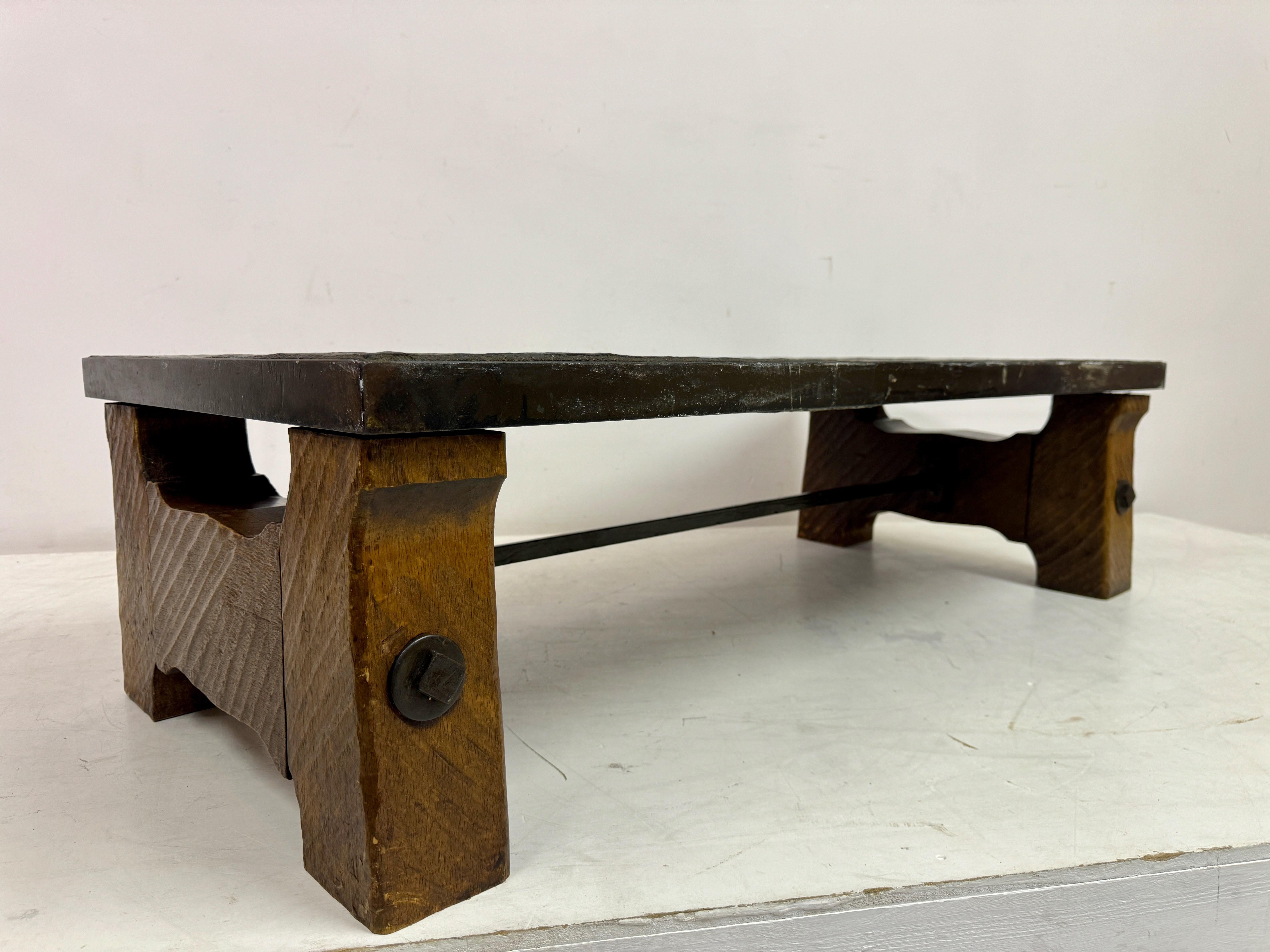 1960s Slate, Concrete and Oak Brutalist Coffee Table For Sale 7