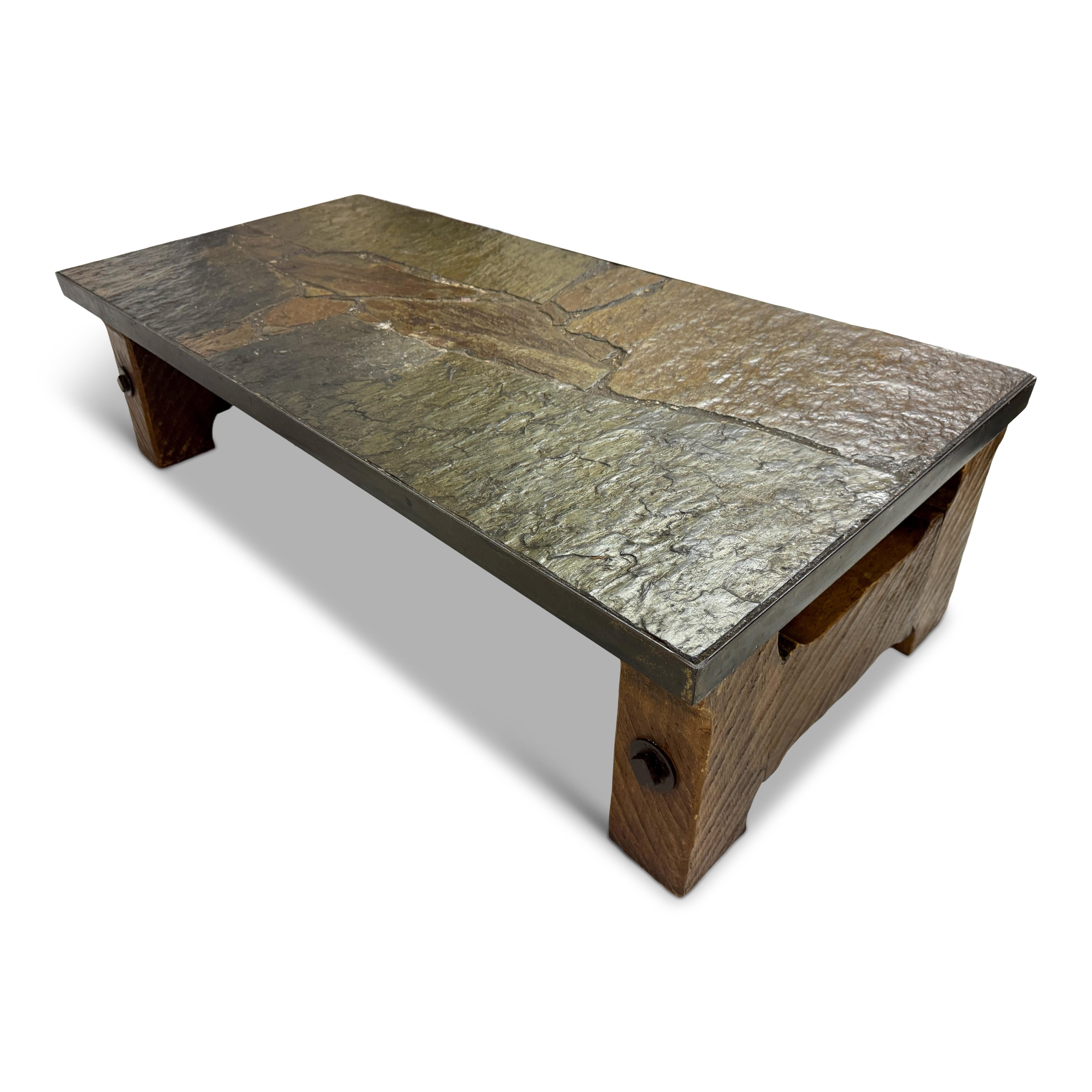 Coffee table

Brutalist

Slate and stone on concrete top 

Oak and iron base

Belgian 1960s/1970s
