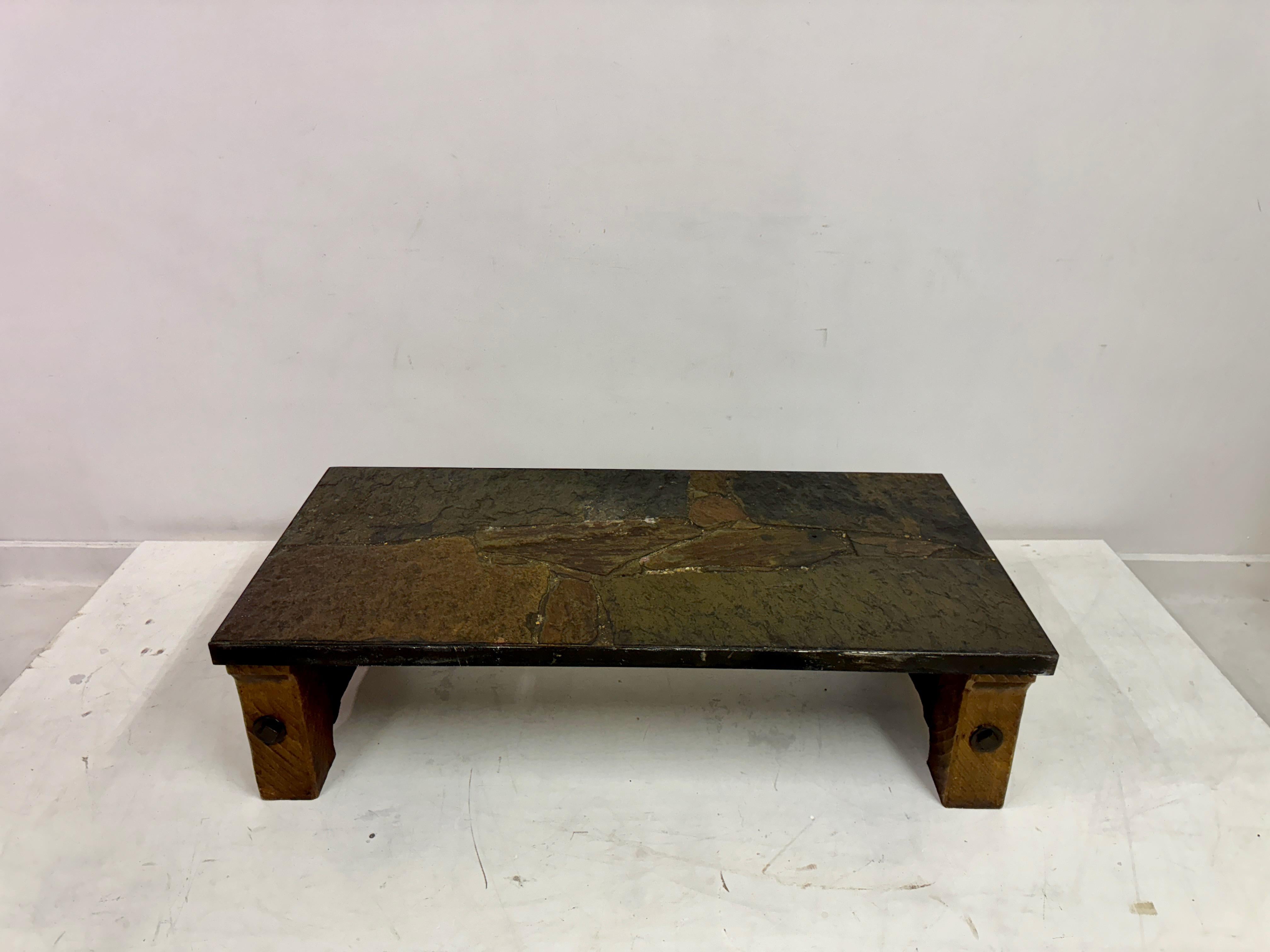 Belgian 1960s Slate, Concrete and Oak Brutalist Coffee Table For Sale