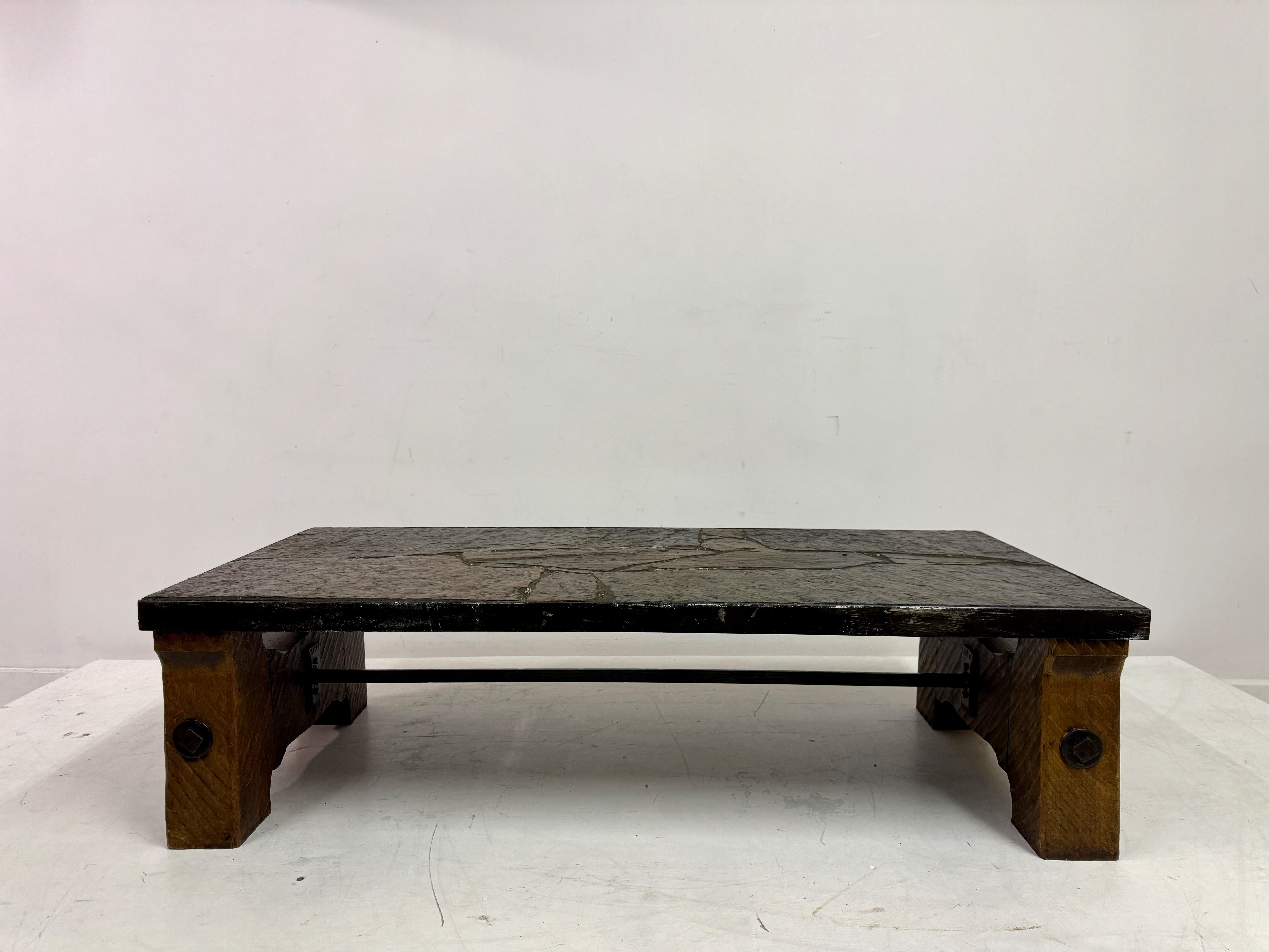 1960s Slate, Concrete and Oak Brutalist Coffee Table In Good Condition For Sale In London, London