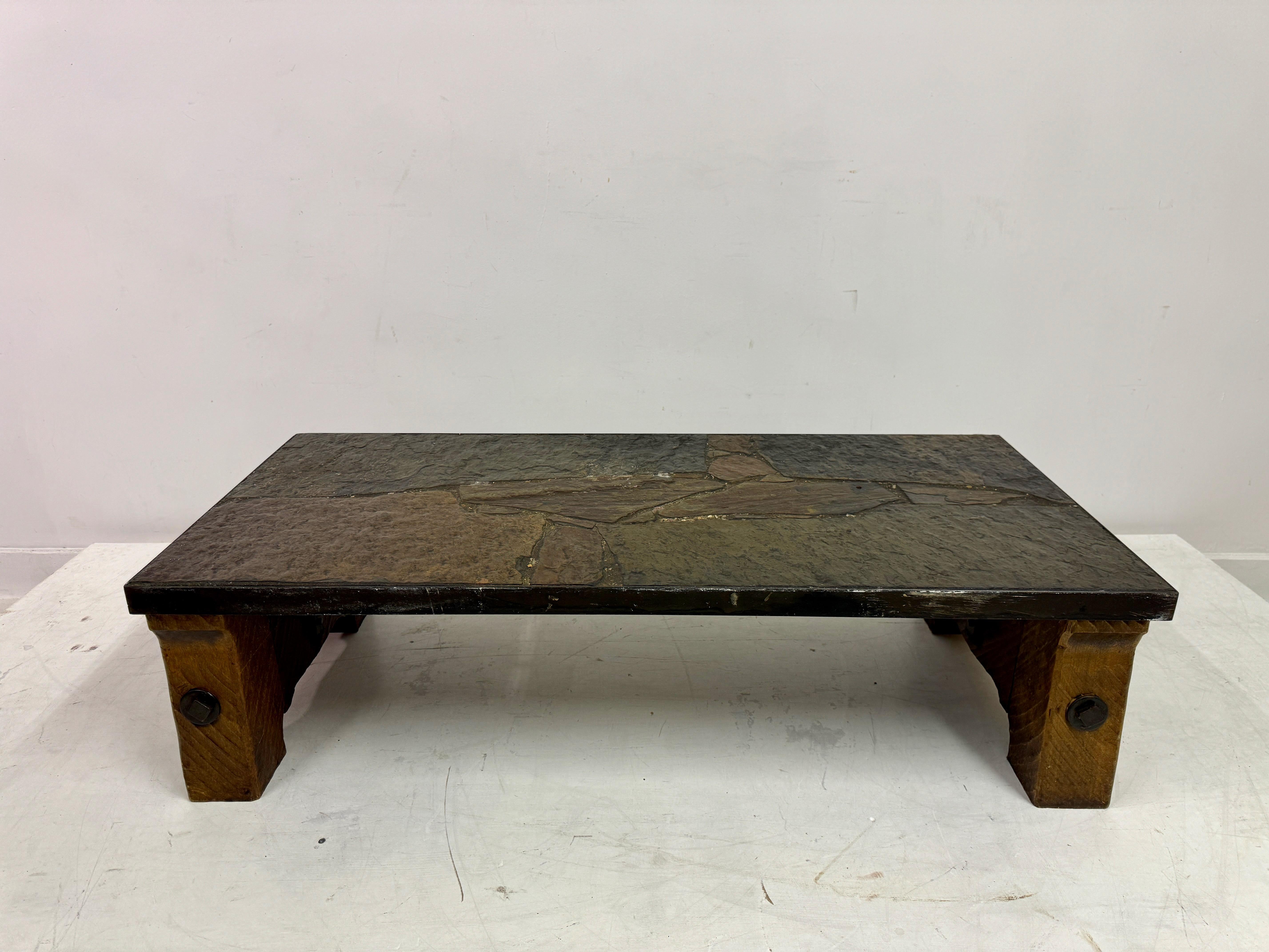 20th Century 1960s Slate, Concrete and Oak Brutalist Coffee Table For Sale