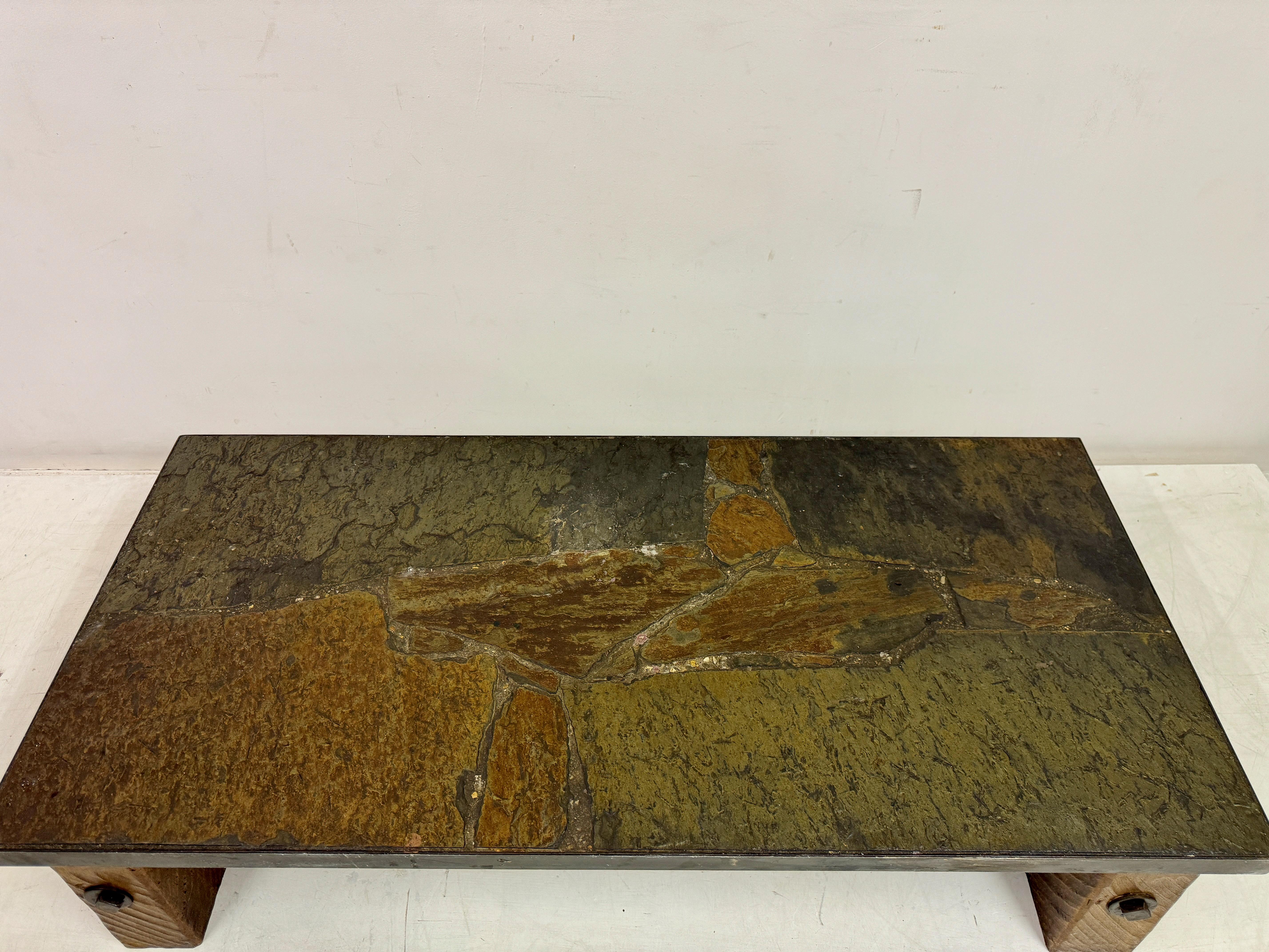 Iron 1960s Slate, Concrete and Oak Brutalist Coffee Table For Sale
