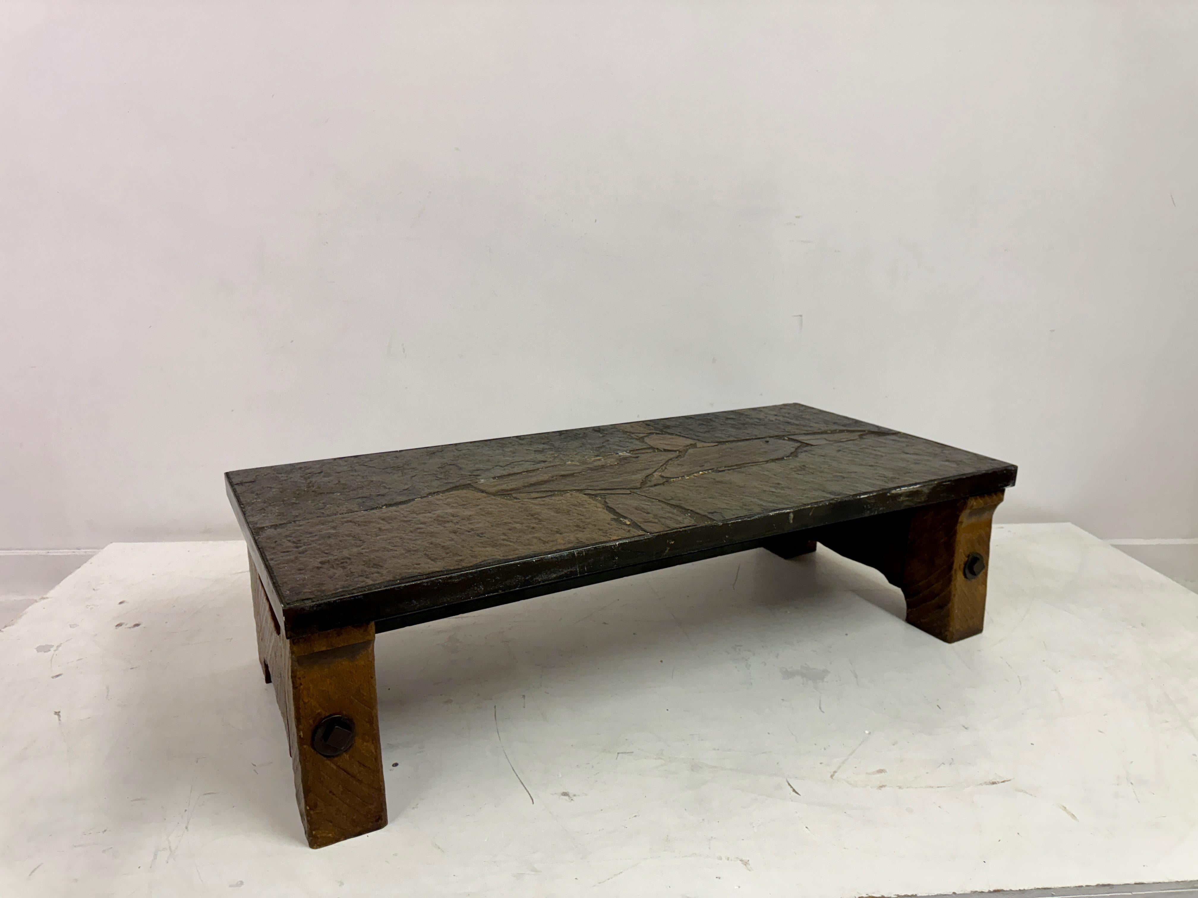 1960s Slate, Concrete and Oak Brutalist Coffee Table For Sale 3