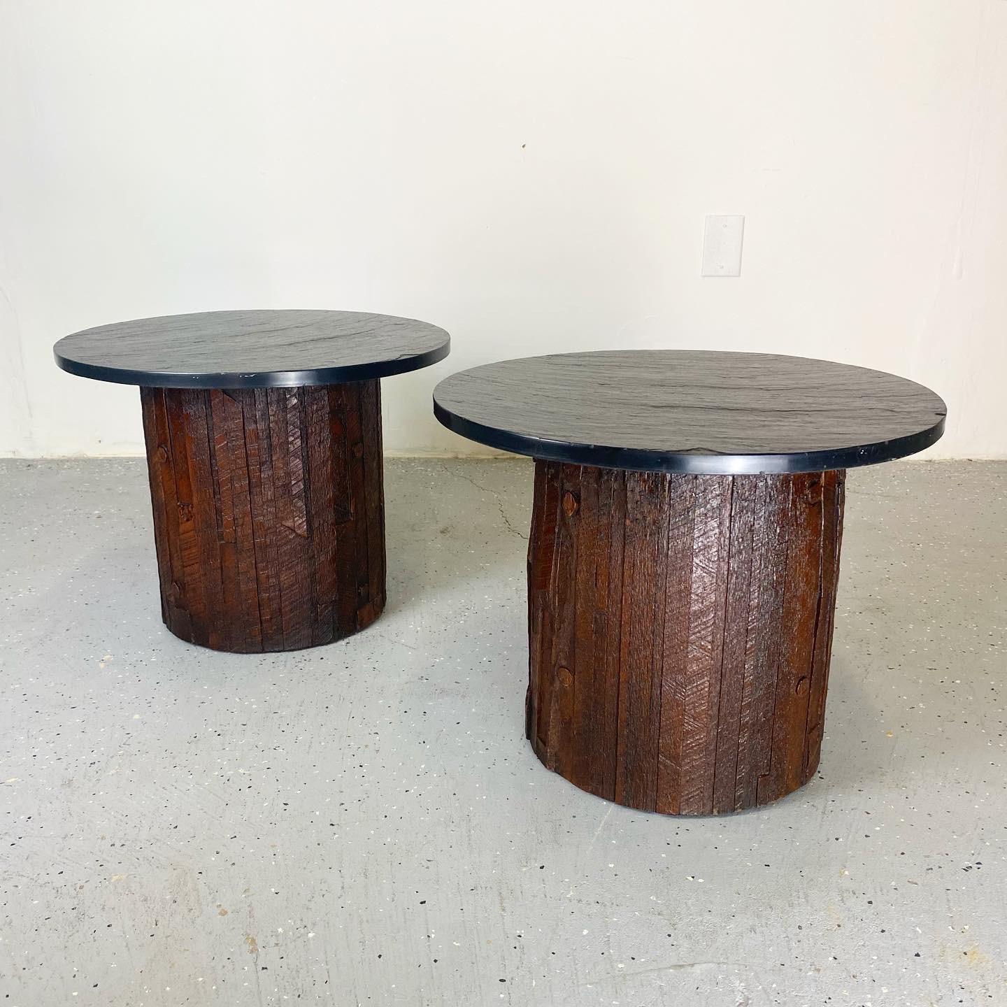 Heavily textures base with a textured slate top to these vintage brutalist side tables. These offer a small footprint but are sure to grab attention.

 