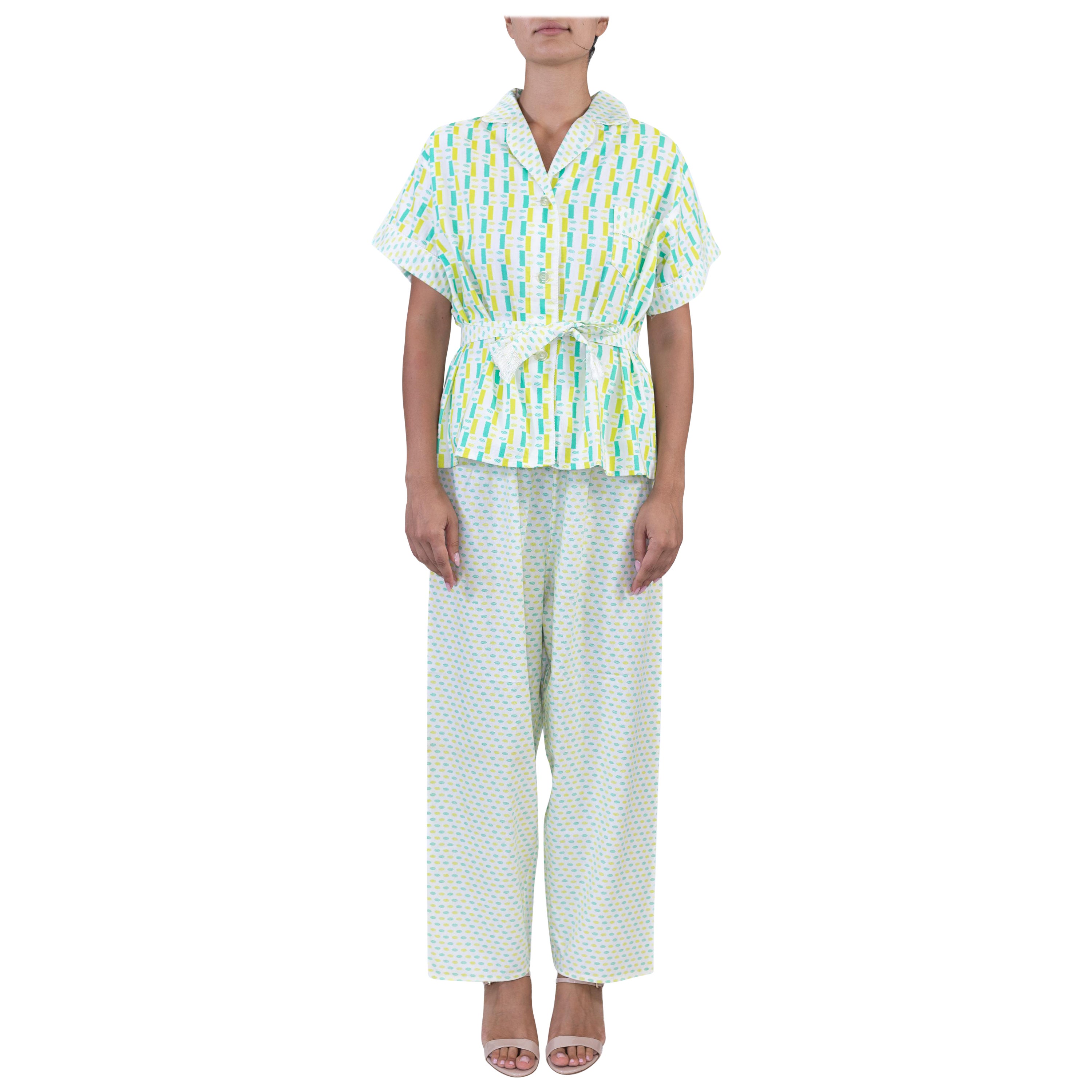 Pajamas Sleep Tite en coton vert citron et bleu des années 1960