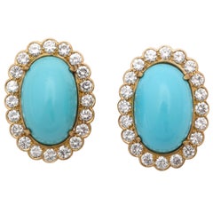 1960s Sleeping Beauty Color Turquoise with Diamonds Elegant Gold Earrings