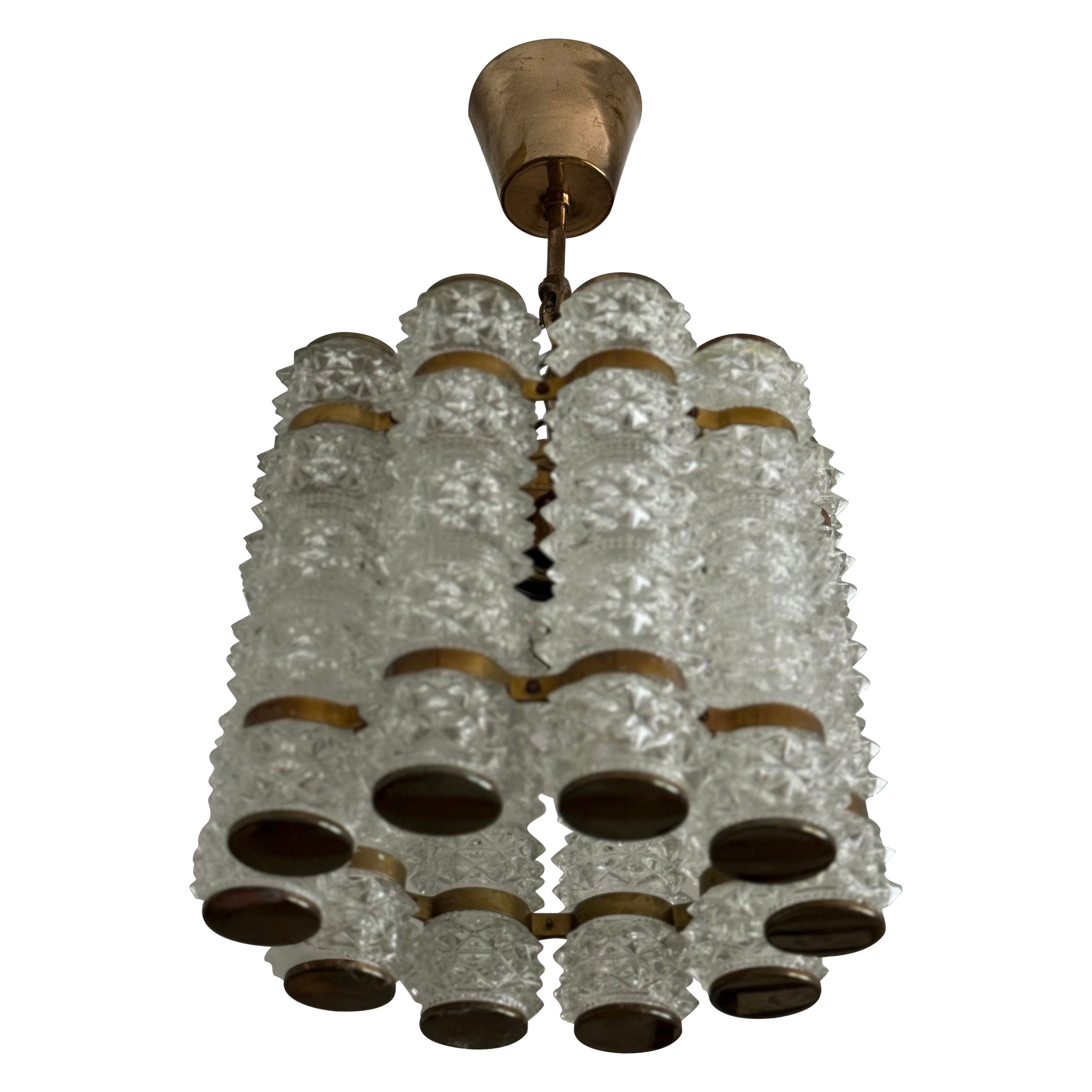 1960s Small Crystal 
Brass Cylinder Chandelier by Orrefors for Tyringe, Sweden. For Sale
