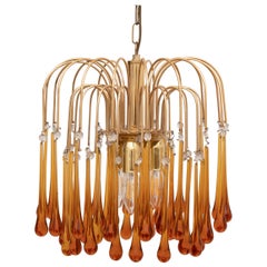 1960s Small Italian Murano Amber Tear Drop Chandelier in the Style of Venini