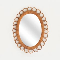 1960's Small Italian Oval Rattan Mirror