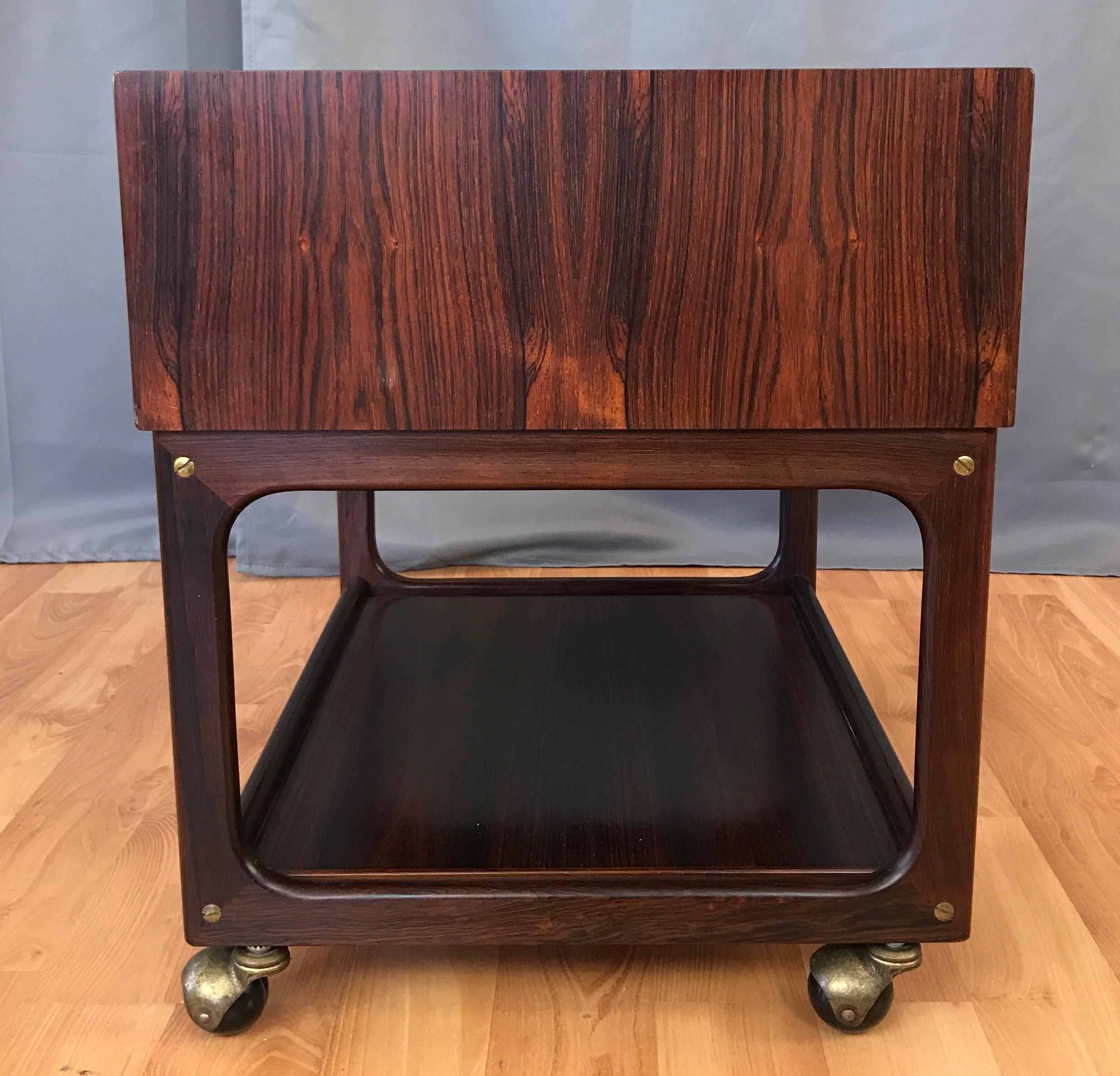 1960s Small Scandinavian Modern Rosewood Work Cabinet, table with Wheels In Good Condition In San Francisco, CA