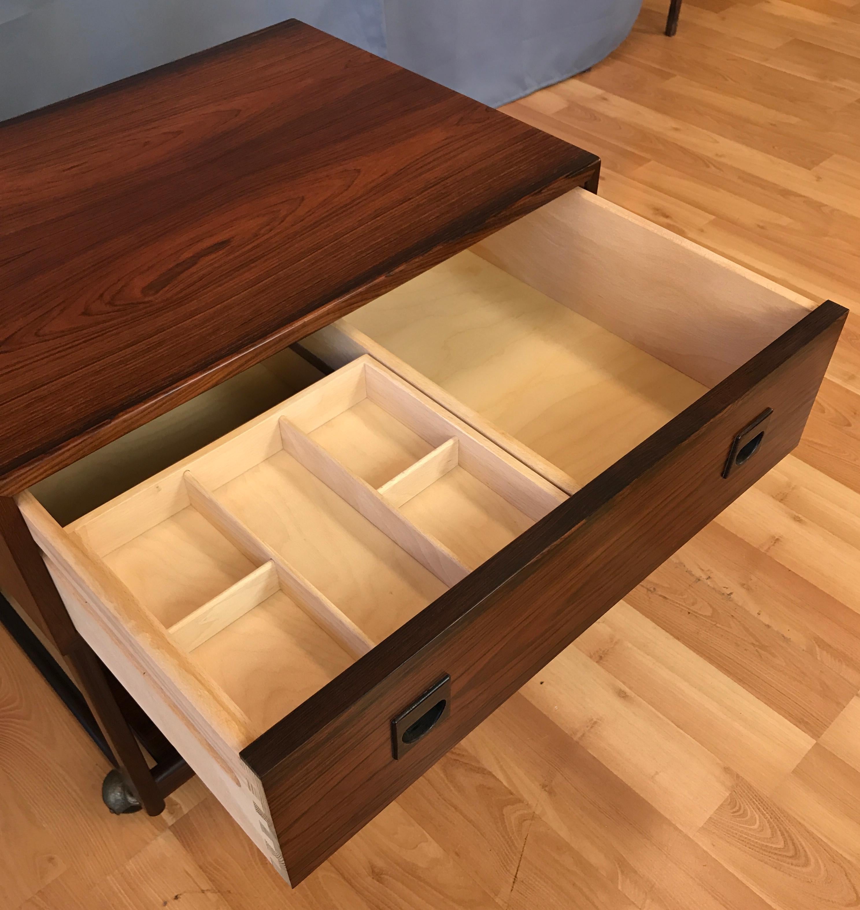 1960s Small Scandinavian Modern Rosewood Work Cabinet, table with Wheels 1