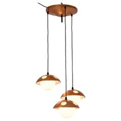 1960's Small three-light chandelier with perforated copper shades