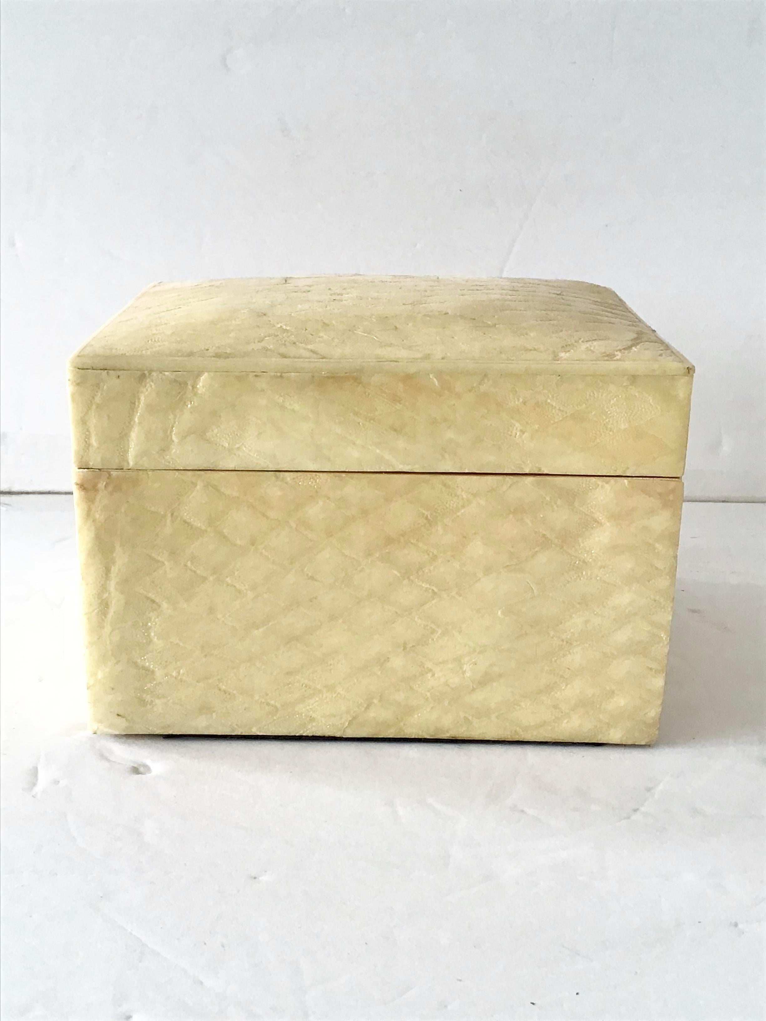 Beautiful snake skin covered box lacquered in a natural bone color. Wonderful vintage condition.
