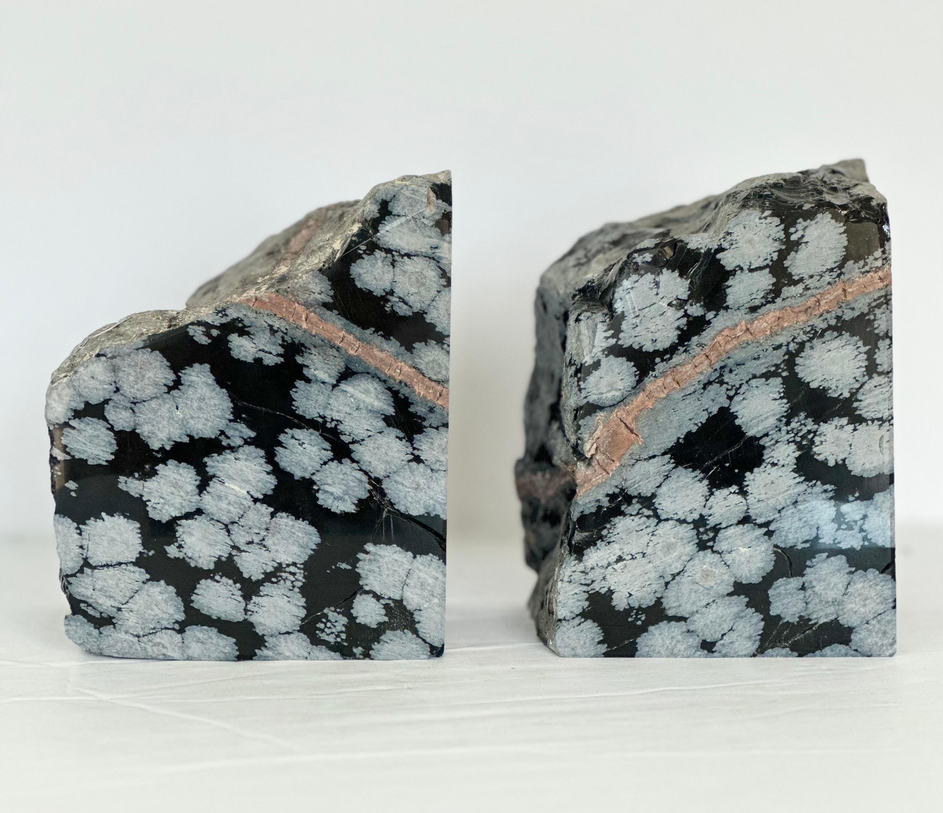American 1960s Snowflake Obsidian Gemstone Black and Grey Bookends – a Set 