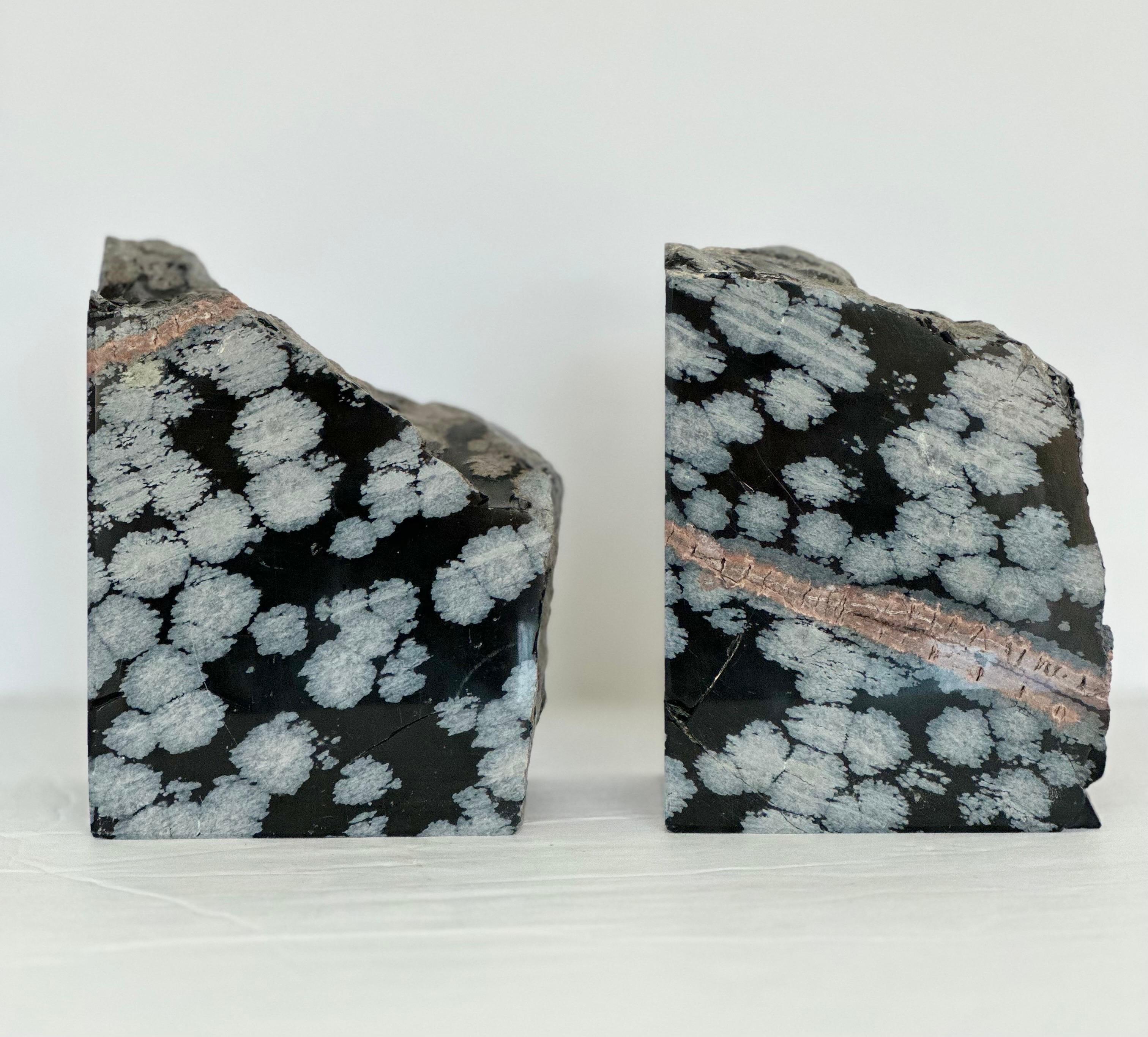 1960s Snowflake Obsidian Gemstone Black and Grey Bookends – a Set  In Good Condition In Farmington Hills, MI