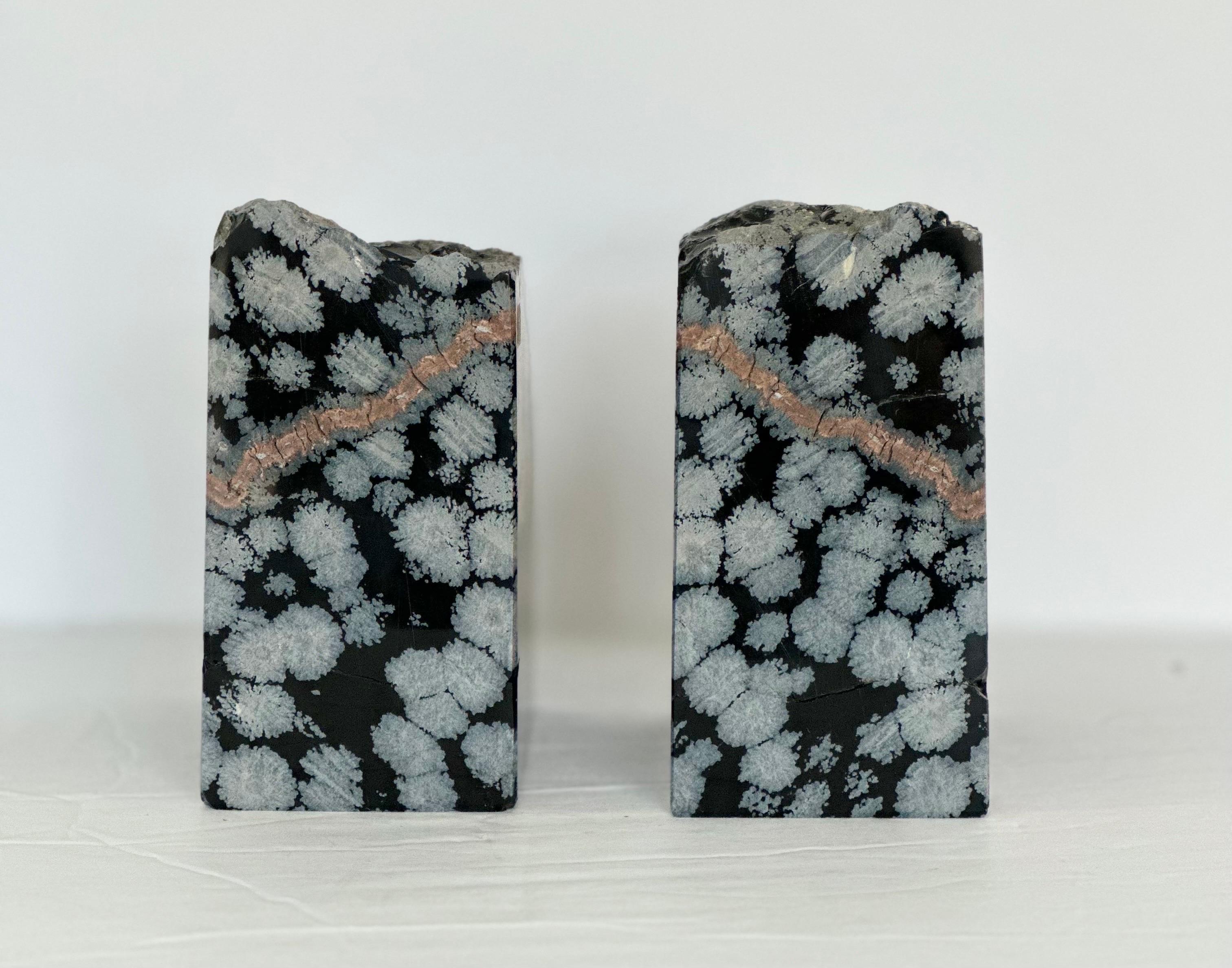 Mid-20th Century 1960s Snowflake Obsidian Gemstone Black and Grey Bookends – a Set 