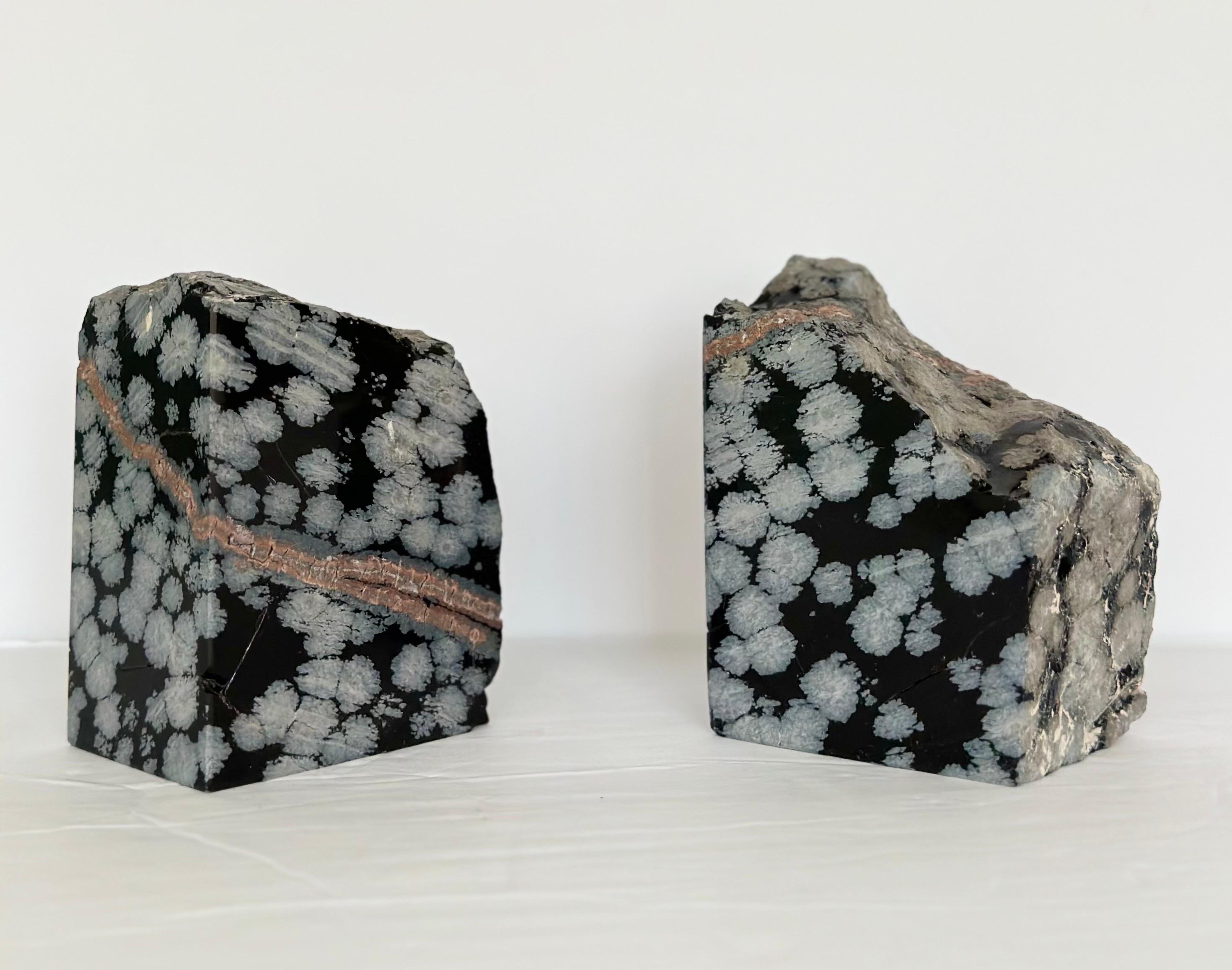 Multi-gemstone 1960s Snowflake Obsidian Gemstone Black and Grey Bookends – a Set 