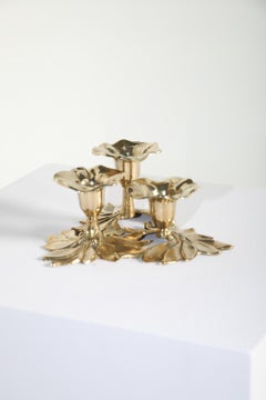 1960s Solid Brass Three-Arm Candelabra with Floral Form