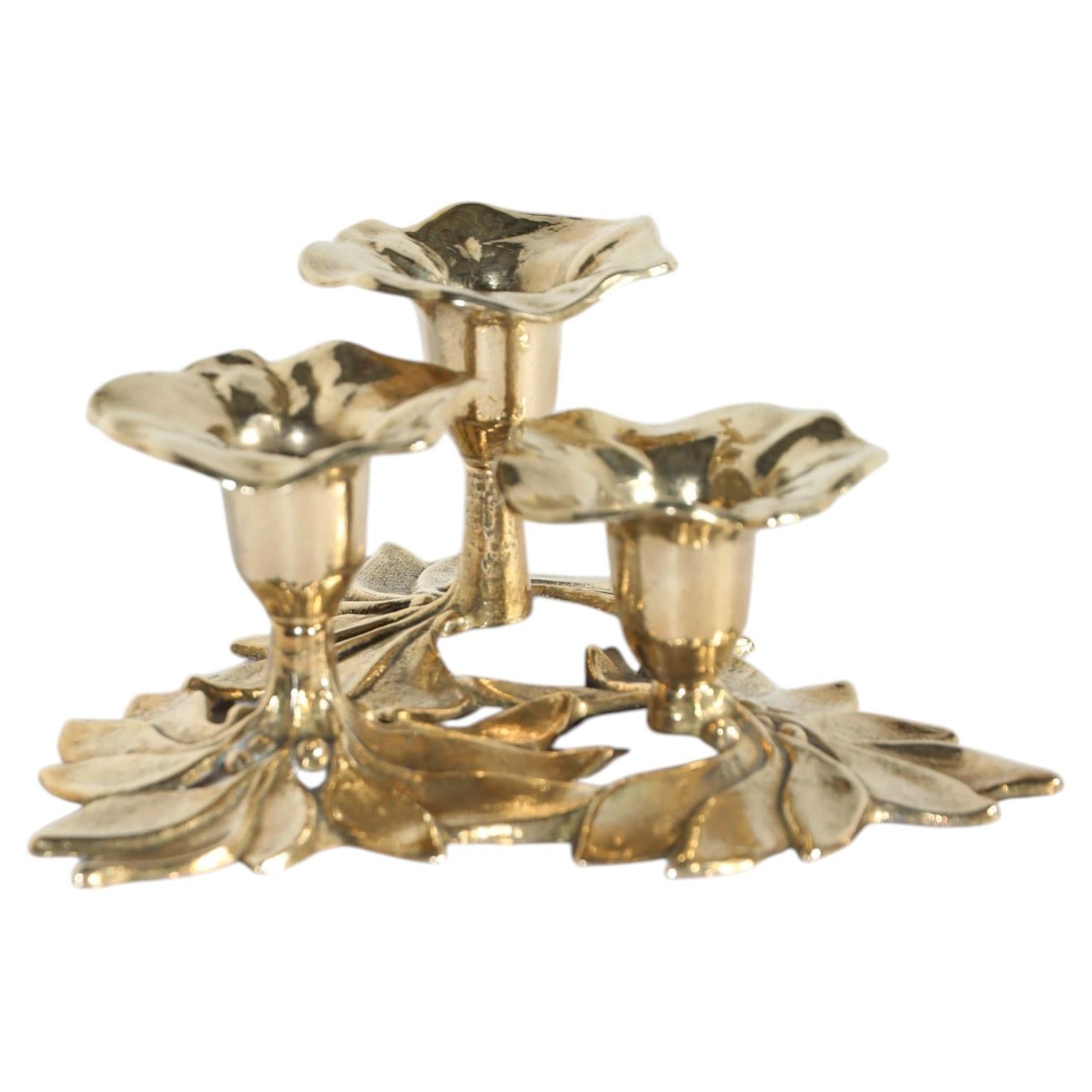 1960s Solid Brass Three-Arm Candle Holder with Floral Leaf Base For Sale