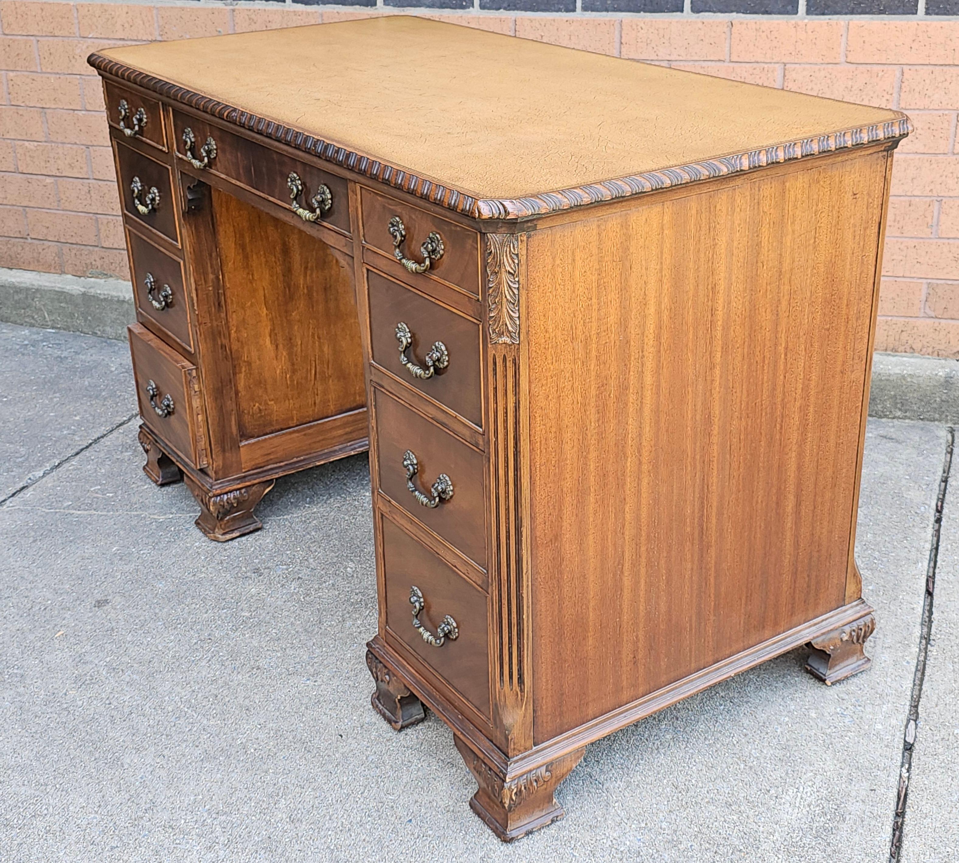 American 1960s Solid Mahogany Pedestal Desk with Tan Leather Top For Sale