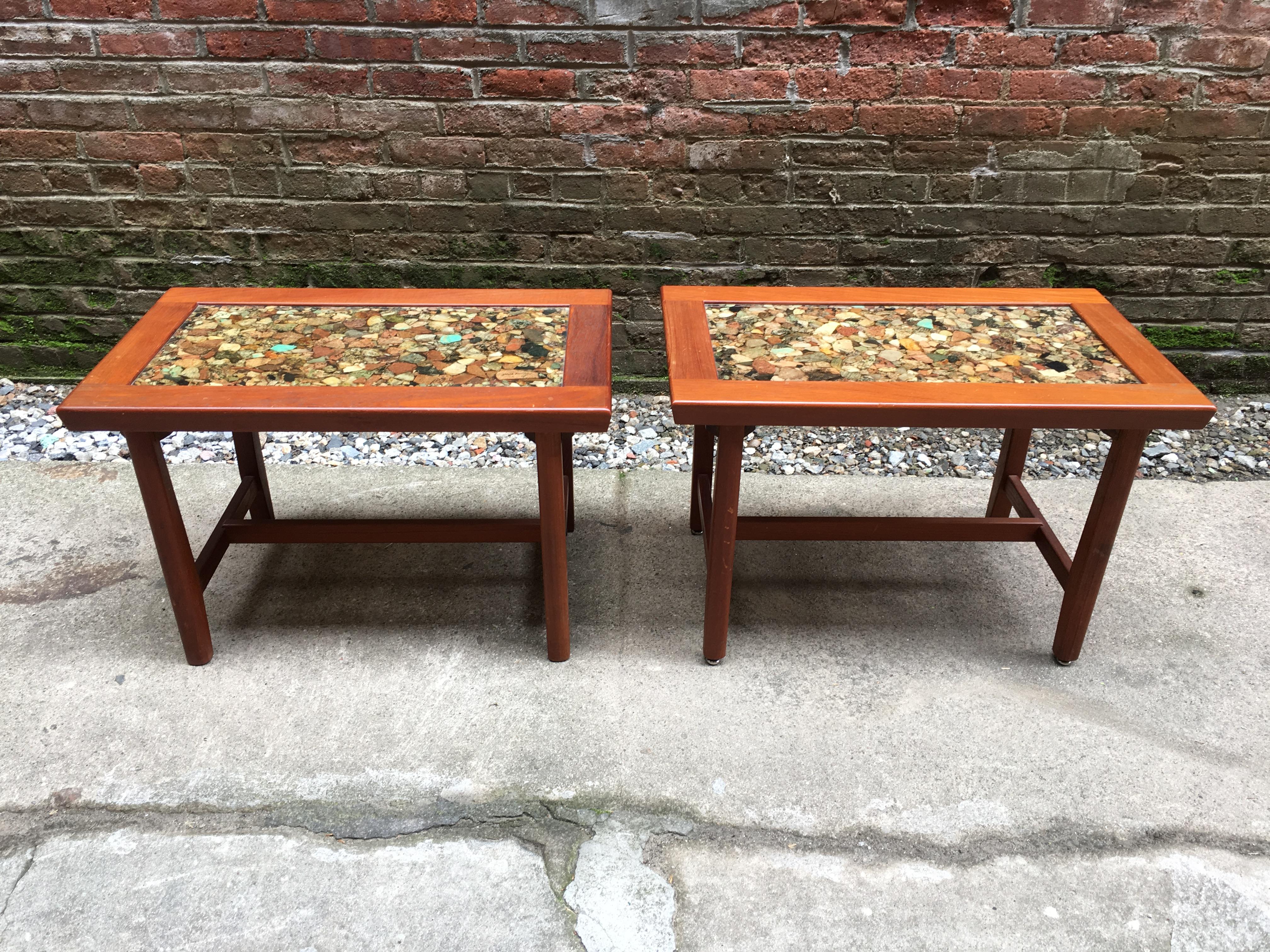 Solid teak construction with encased resin mineral and rock specimens, designed by Arvid Haerum for Sola Mobelfabrik. All varieties and color full rock and minerals. Possibly custom made tables dating from the late 1960s. One is actually stamp