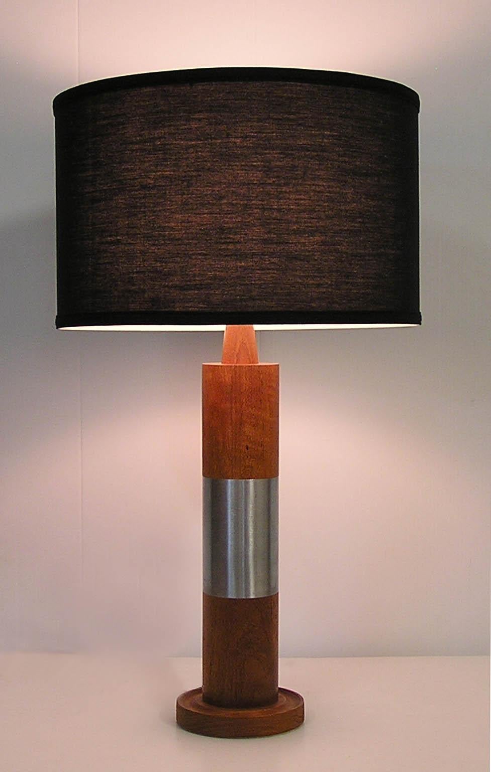 Mid-Century Modern 1960s Solid Teak Cylindrical Table Lamp with Brushed Steel Band For Sale