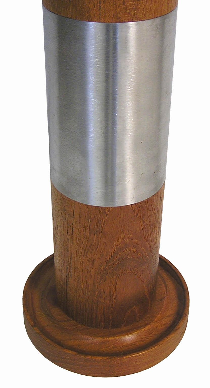 1960s Solid Teak Cylindrical Table Lamp with Brushed Steel Band In Excellent Condition For Sale In Winnipeg, Manitoba