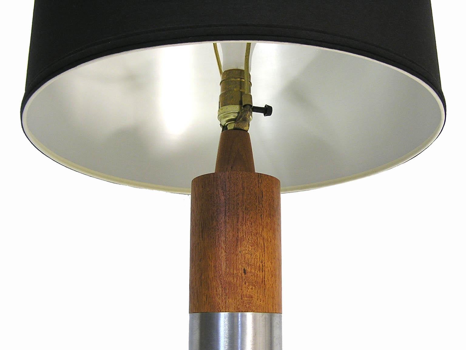 Mid-20th Century 1960s Solid Teak Cylindrical Table Lamp with Brushed Steel Band For Sale