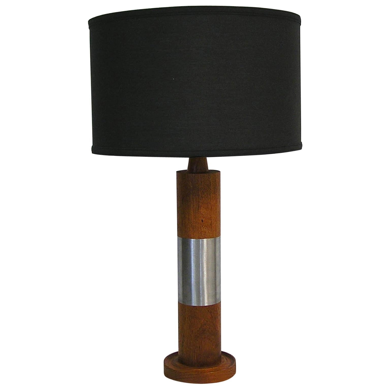 1960s Solid Teak Cylindrical Table Lamp with Brushed Steel Band For Sale