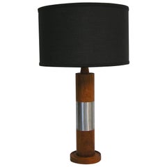 1960s Solid Teak Cylindrical Table Lamp with Brushed Steel Band