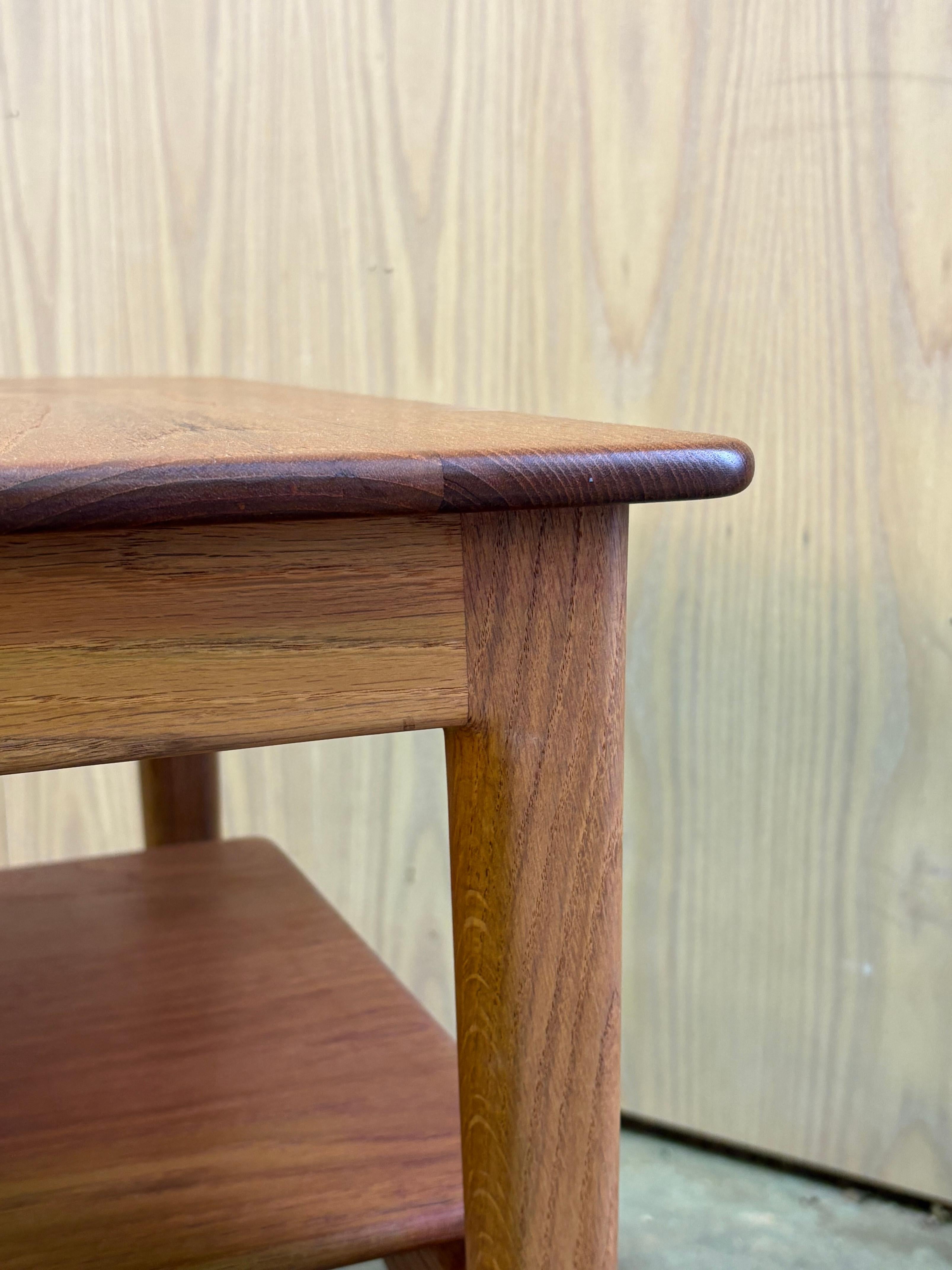 A beautifully executed Model JH566A side table by Hans J. Wegner for the prestigious Johannes Hansen workshop, produced in the 1960s. This design showcases Wegner’s mastery of proportion and material, combining a solid teak top with an oak frame to