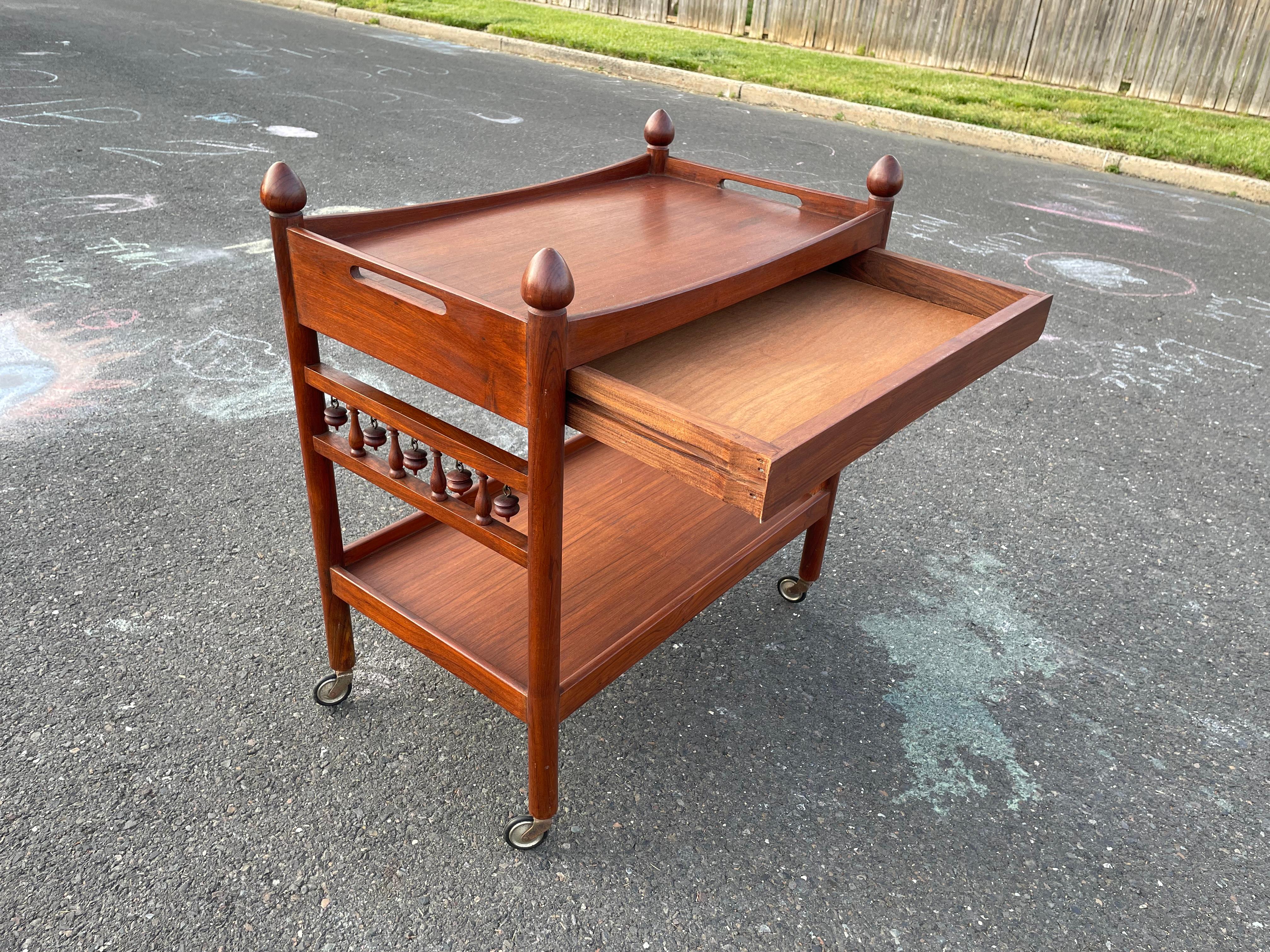 Carved 1960s Solid Teak Unique Bar Cart with Storage