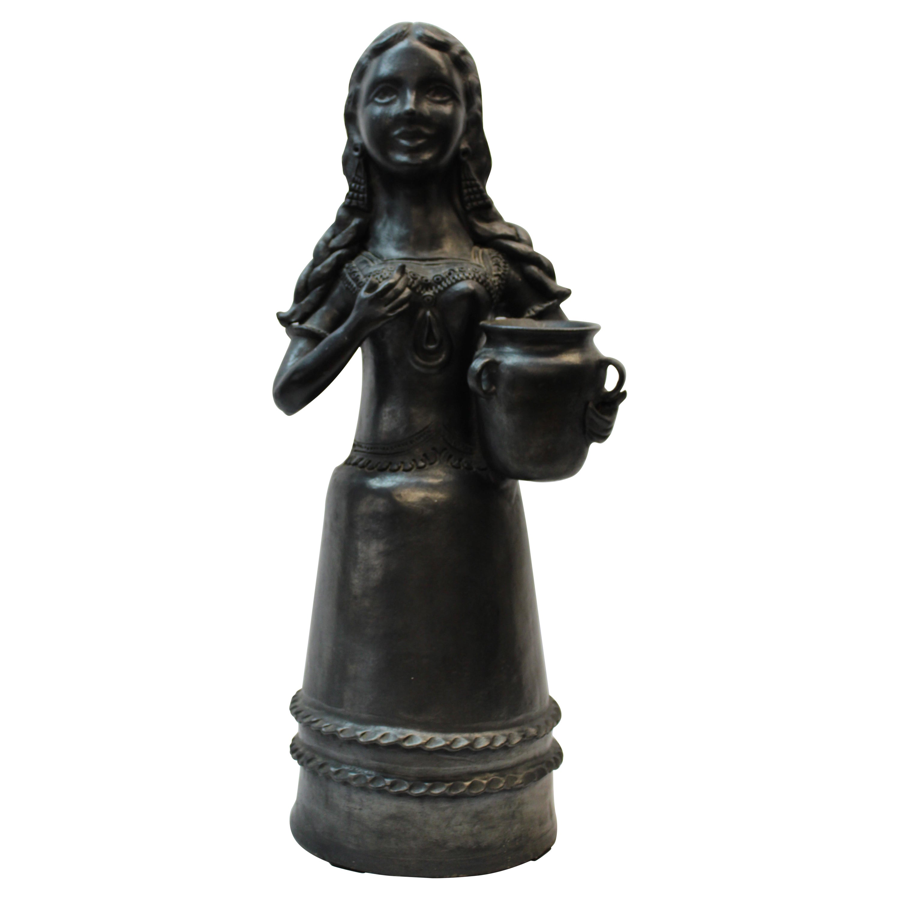 1960s South American Ceramic Figure Of A Woman with Braids and Handled Pot