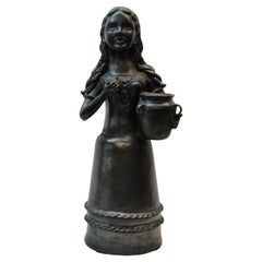 1960s South American Ceramic Figure Of A Woman with Braids and Handled Pot