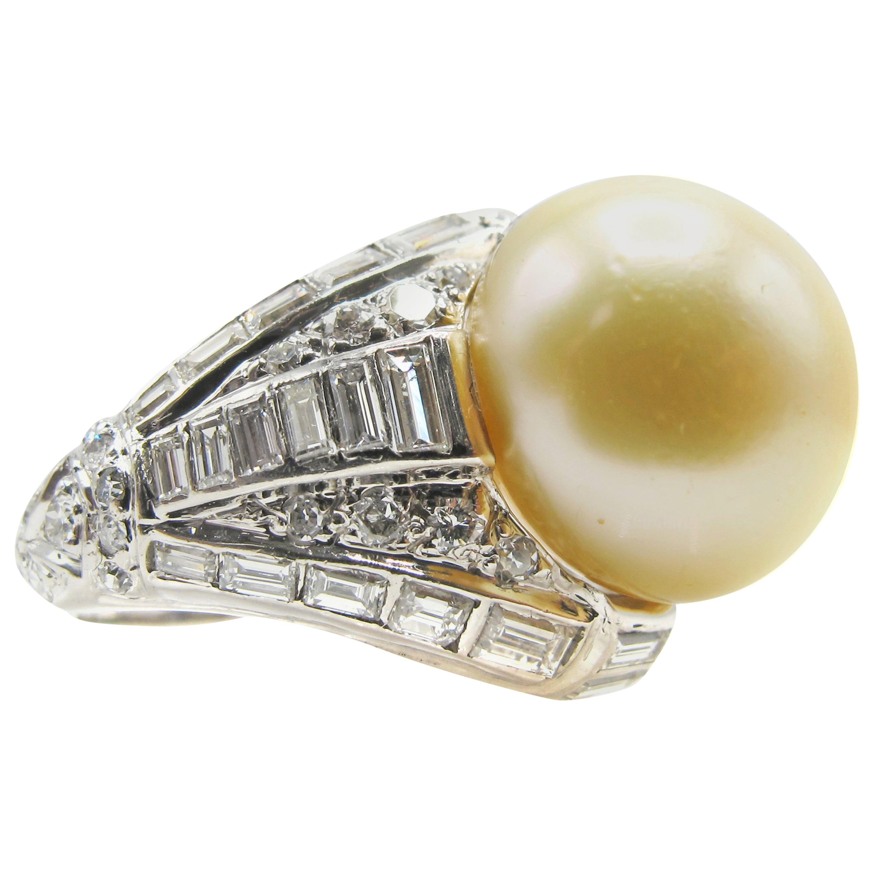 1960s South Sea Pearl Diamond Gold Ring