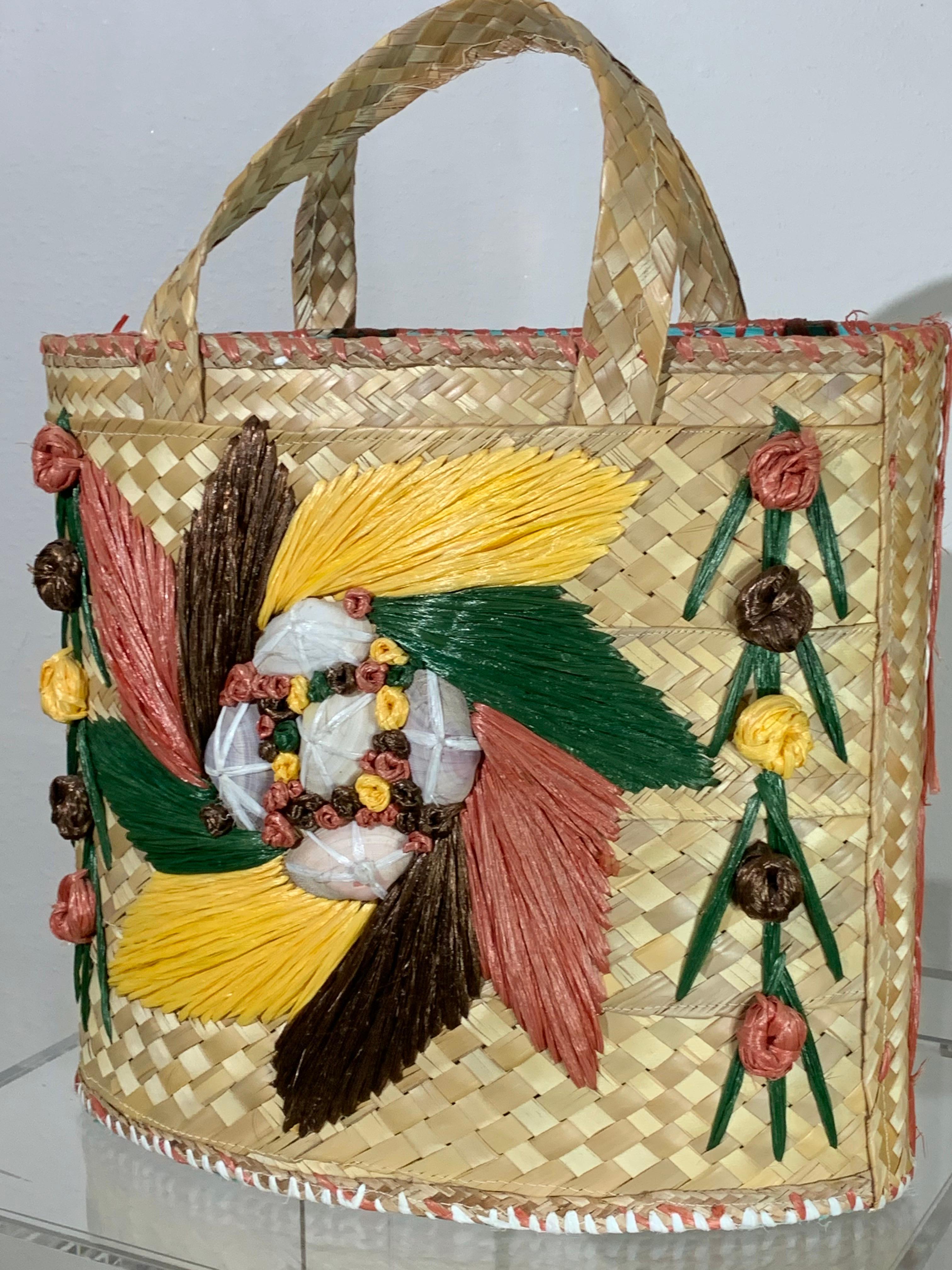 1960s Souvenir Embroidered Raffia Bucket Bag w/ Coordinating Straw Sun Hat 7