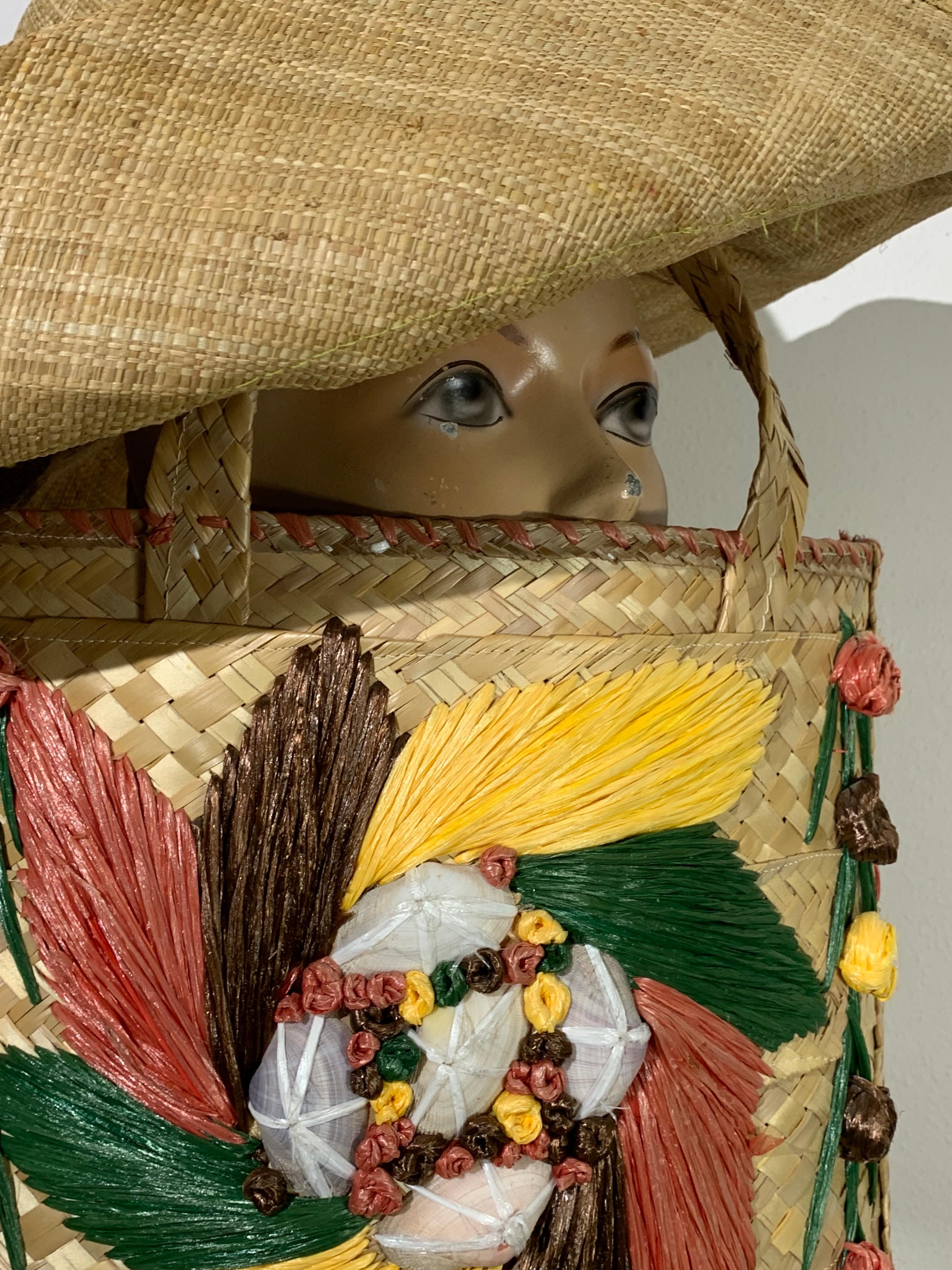1960s Souvenir Embroidered Raffia Bucket Bag w/ Coordinating Straw Sun Hat: Philippines souvenir tote bag with raffia embroidery in yellow, green, pink and white. Lined in turquoise cotton. Also a travel friendly rollable straw hat with gathered,