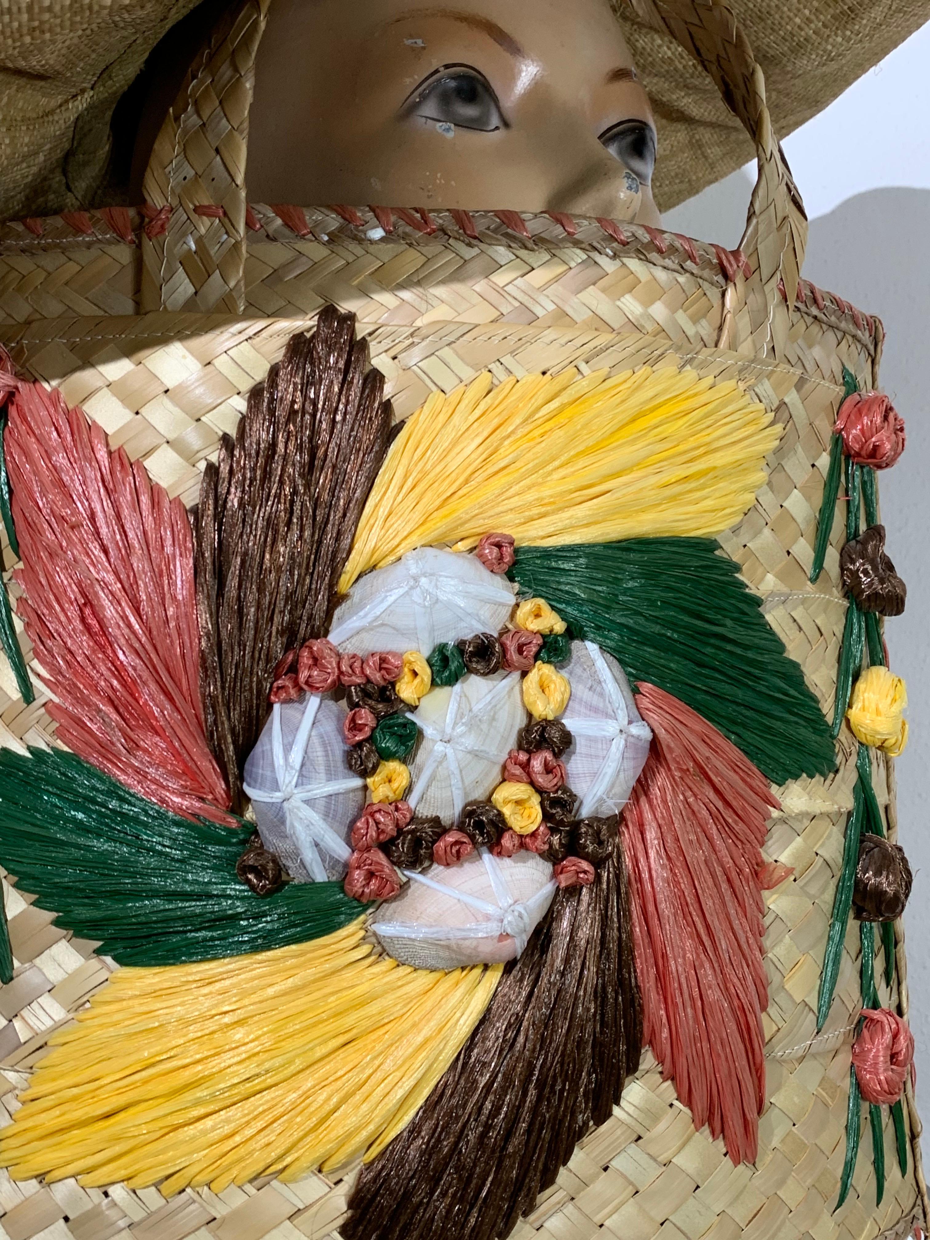 1960s Souvenir Embroidered Raffia Bucket Bag w/ Coordinating Straw Sun Hat In Good Condition In Gresham, OR