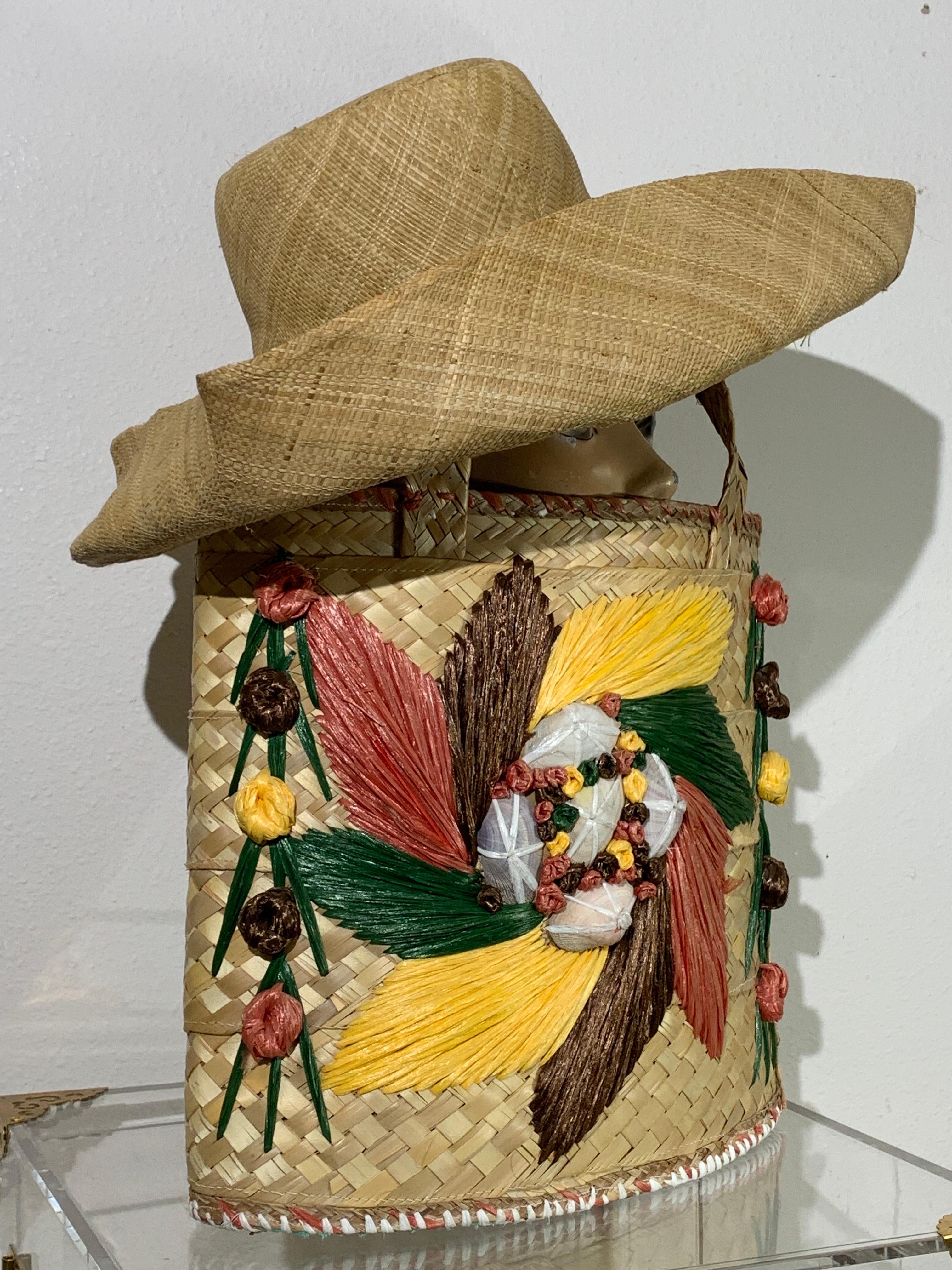 Women's or Men's 1960s Souvenir Embroidered Raffia Bucket Bag w/ Coordinating Straw Sun Hat