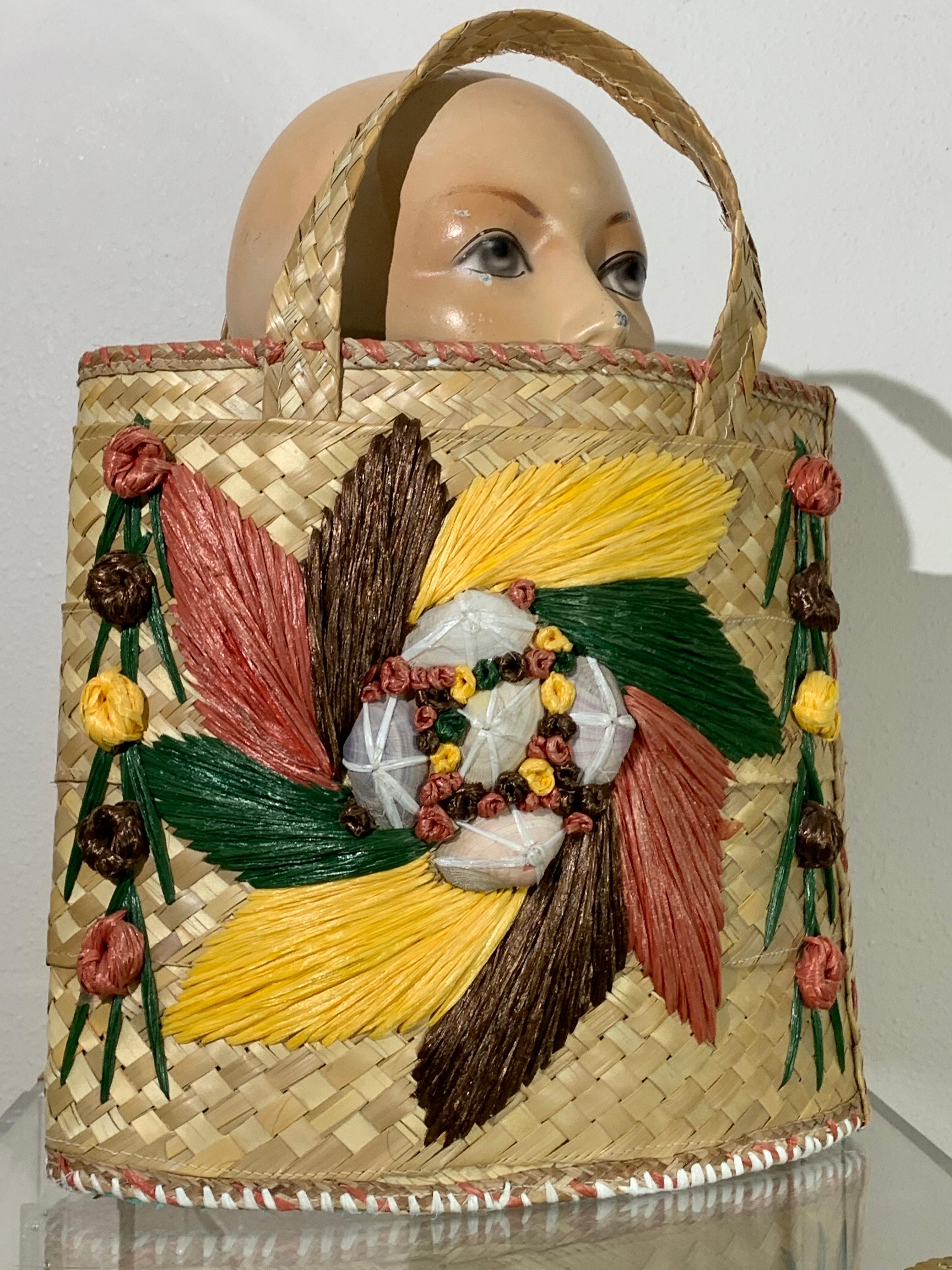 1960s Souvenir Embroidered Raffia Bucket Bag w/ Coordinating Straw Sun Hat 1